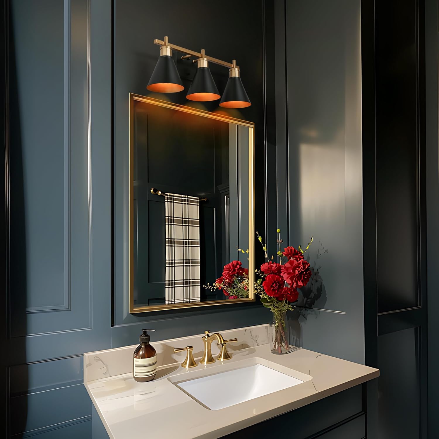 KSANA Bathroom Light Fixtures, 3-Light Black Gold Vanity Lights, 22” Modern Farmhouse Bathroom Lighting Fixtures Over Mirror with Black Metal Shade