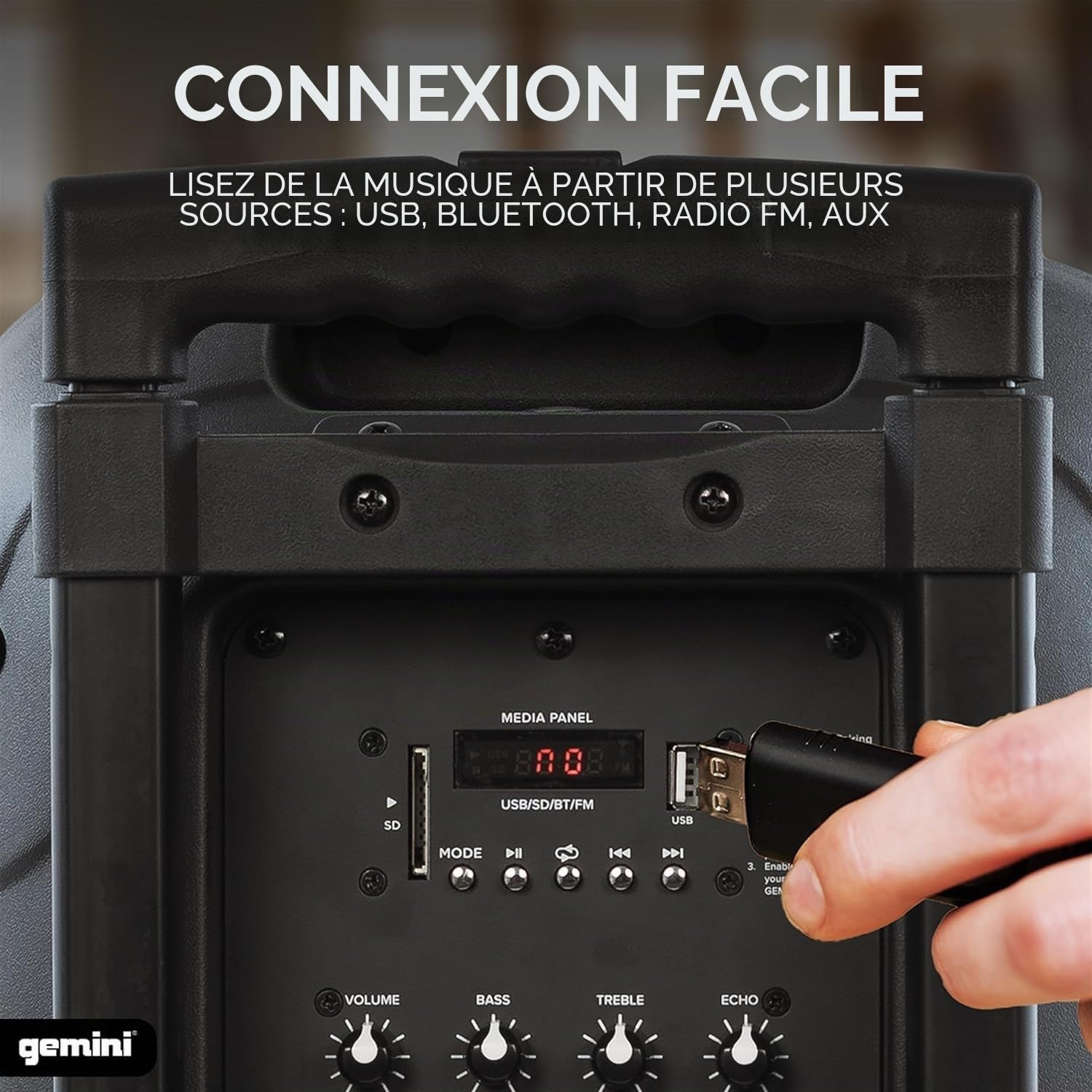 Enceinte Active Gemini AS 10 Togo sur Batterie Micro Filaire - 1000 Watts USB/BT/AUX/SD