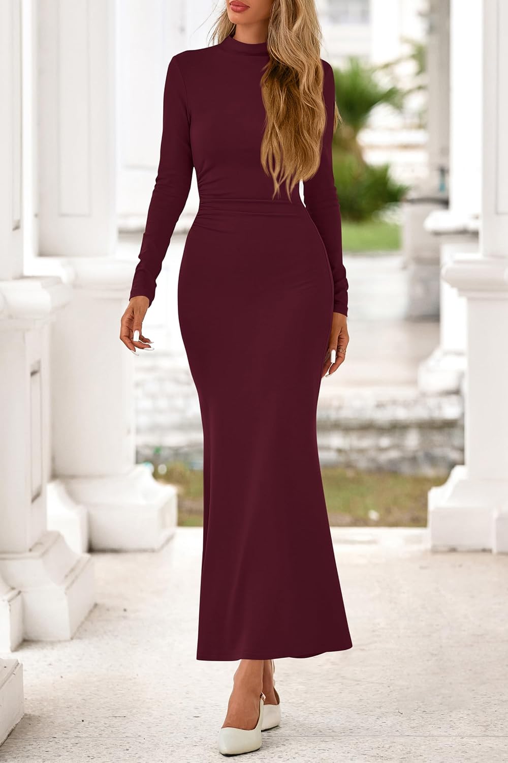 dowerme Spring Dresses for Women 2026 Formal Mock Neck Long Sleeve Ruched Knit Bodycon Mermaid Maxi Wedding Guest Dress - Image 6