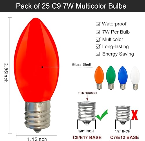 Miniatura 9 de SUNSGNE Paquete de 25 bombillas C9 naranjas para exteriores de noche de Halloween, luces de árbol de Navidad C9 para interiores y exteriores, tira