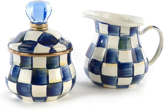 MACKENZIE-CHILDS Enamel Creamer and Sugar-Bowl Set, Cream Dispenser and Sugar Holder, Unique Kitchen Decor, Blue-and-White Royal Check
