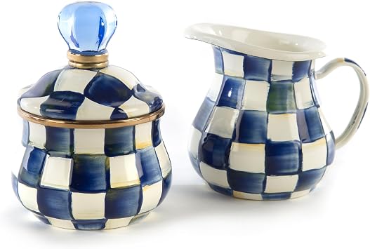 MACKENZIE-CHILDS Enamel Creamer and Sugar-Bowl Set, Cream Dispenser and Sugar Holder, Unique Kitchen Decor, Blue-and-White Royal Check
