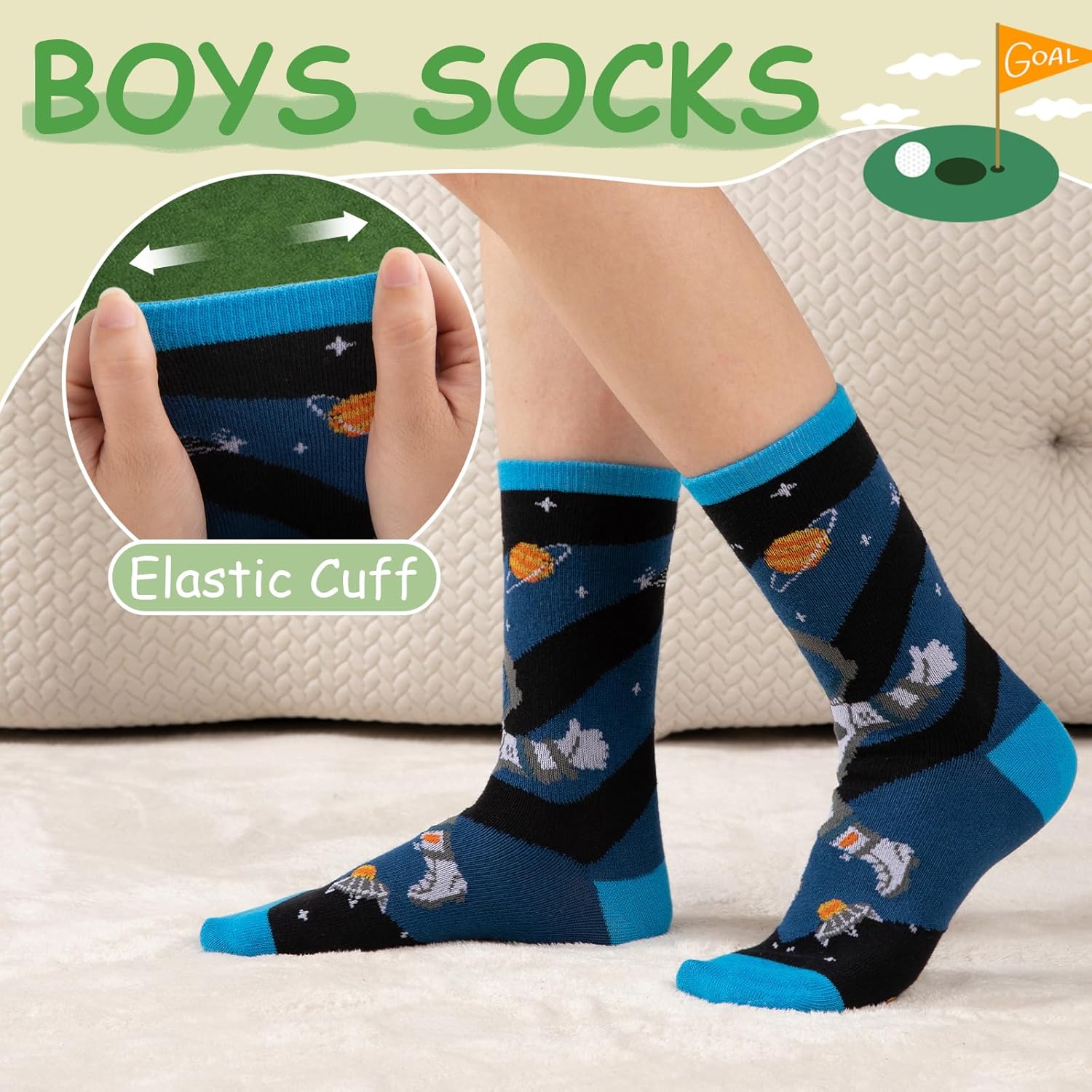 Comfoex Boys Kids Socks Novelty Funny Crew Socks Space Rocket Sport Stripe Cotton Calf Socks For Kids 4-10 Years Old 6 Pairs - Image 5