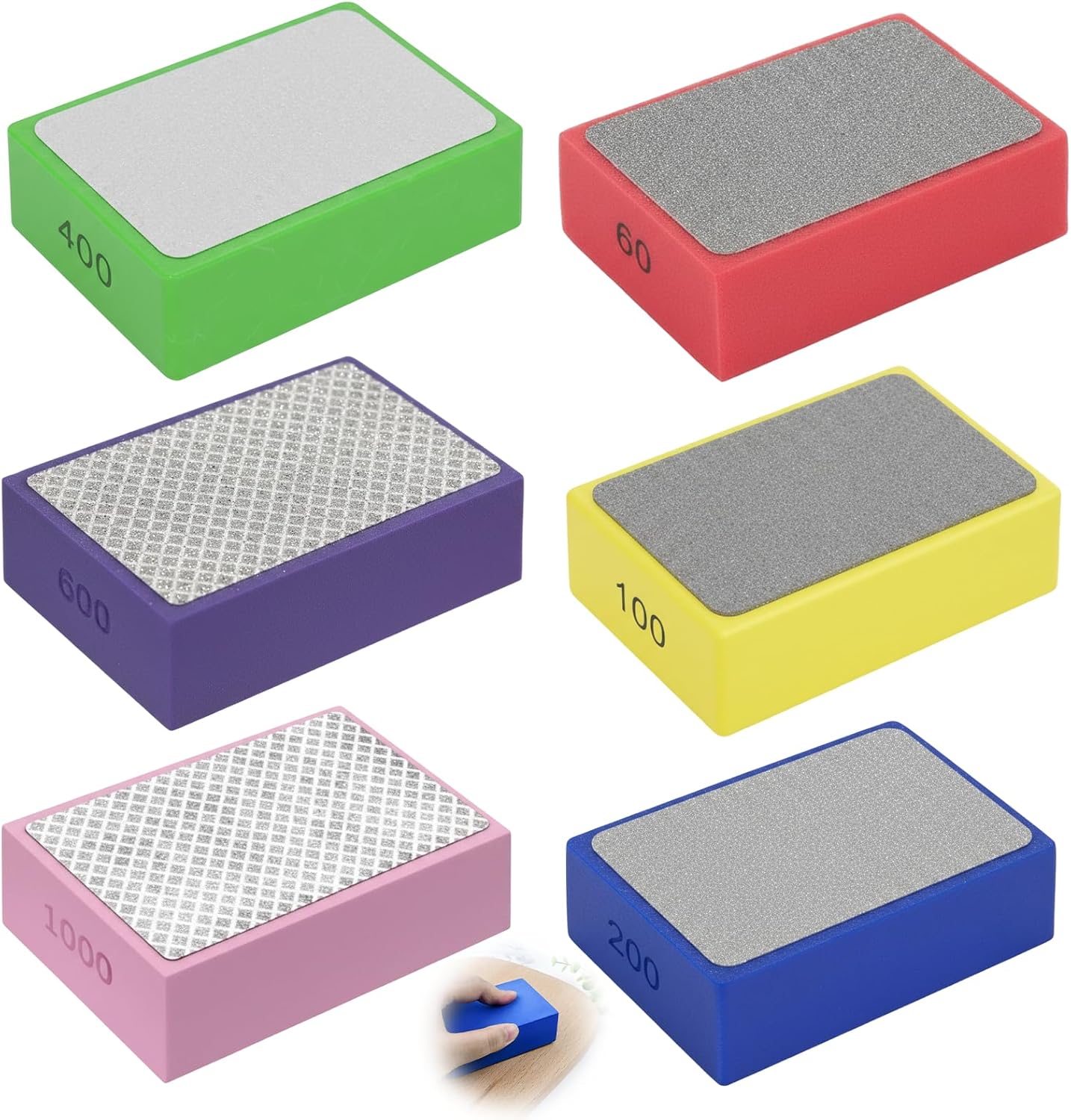 Set of 6 Manual Diamond Sanding Pads, Sanding Wall, Sanding Cue, Diamond Block, Polishing Pads for Ceramic Stone Tiles Glass, 60#, 100#, 200#, 400#, 600#, 1000#