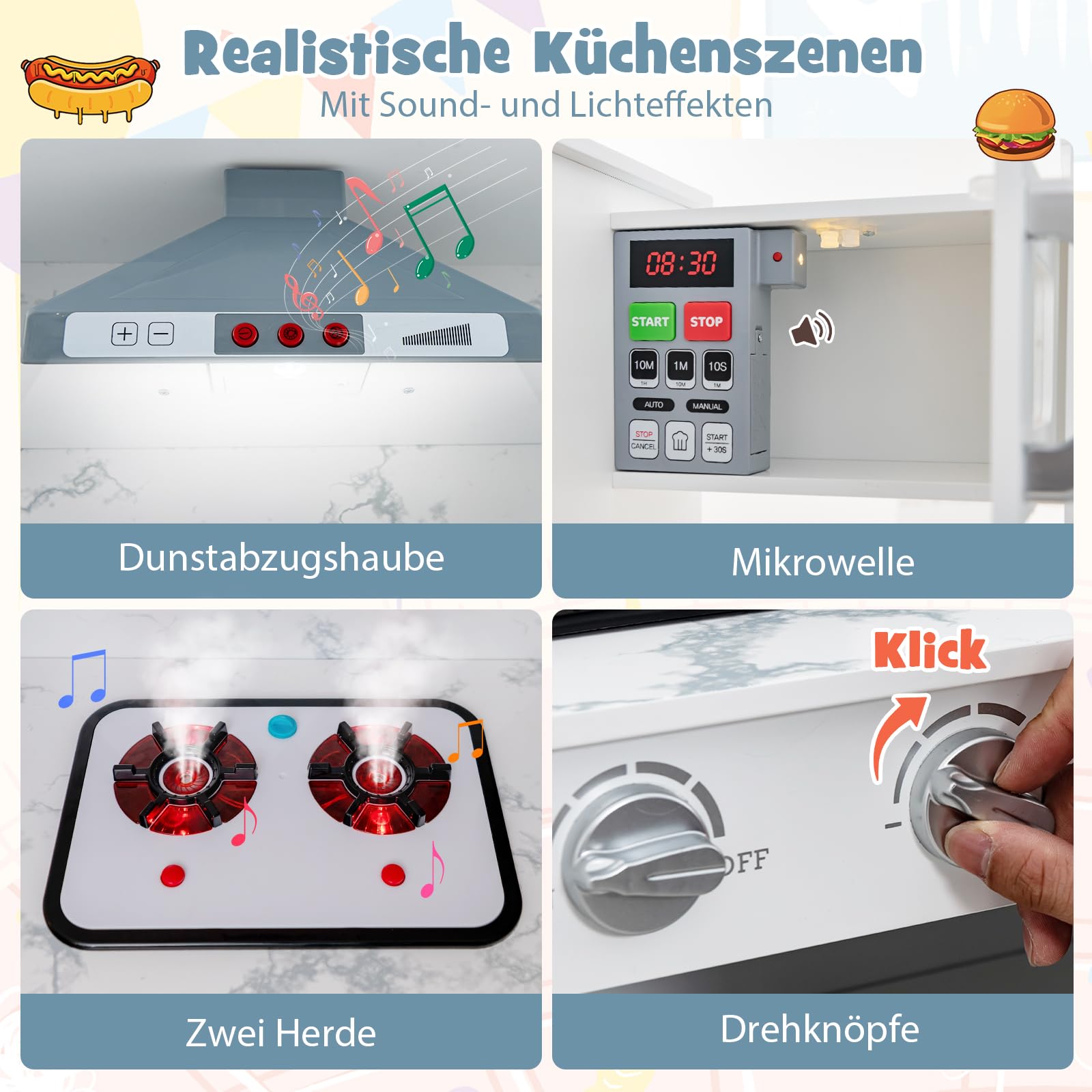 DREAMADE Kinderküche aus Holz mit 16 TLG. Spielzubehör, Kinder Küche Eckküche mit Tafel Herd Spüle Backofen, Spielküche mit Licht und Sound für Kinder Mädchen ab 3 Jahren(Weiß)