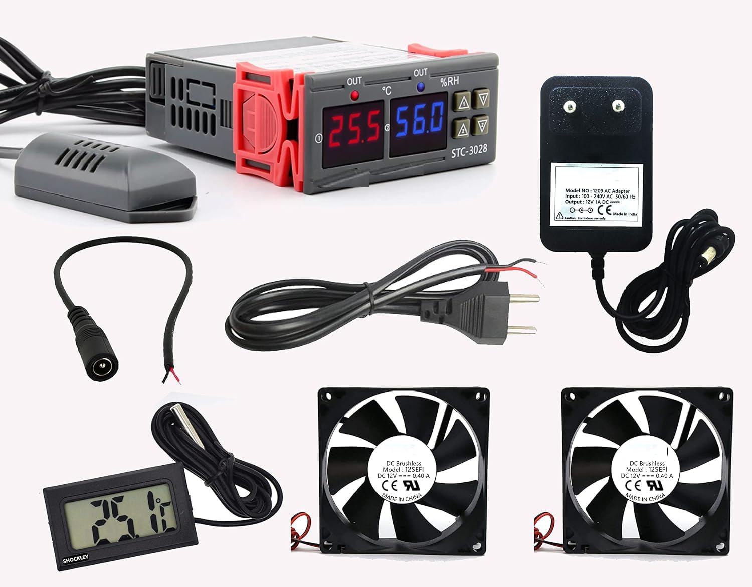 DHRUVPRO STC-3028 Dual LED Digital Thermometer Hygrometer Controller SHT20 Temperature Humidity Sensor Thermostat Combo (STC-3028 + 1 AMP Adapter + Mains Power Cord + 2 Fan + Thermometer + DC Jack)-image-39