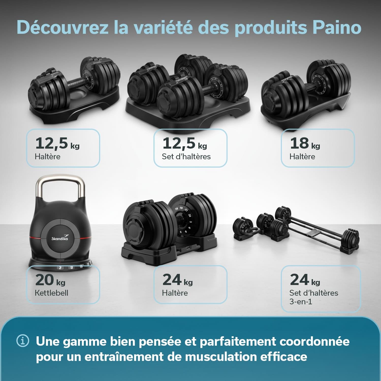 Skandika Kettlebell Paino | Haltère réglable, 7 niveaux, 2 à 20 kg, conception tout-en-un, changement rapide des poids, compact | Haltère Sphérique pour la maison, la salle de sport, le fitness