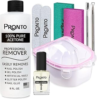 Pronto Gel Nail Polish Remover Kit – 8 Oz Pure Acetone 100 Percent, Nail File, Nail Polish Soak Off Bowl, Cuticle Oil for Nail Care + Manicure Set with Nail Buffer Block, Cuticle Pusher & Nail scraper