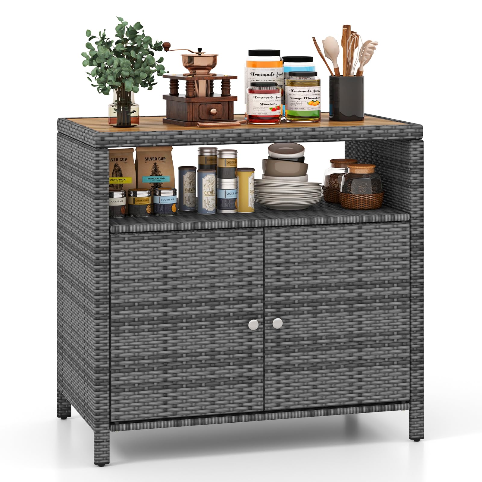 GYMAX Armario de Jardín de Ratán, Aparador con Encimera de Madera de Acacia, 2 Puertas y Estante Abierto, Mueble Exterior Almacenaje para Herramientas de Jardín, 90 x 53 x 86 cm (Gris)