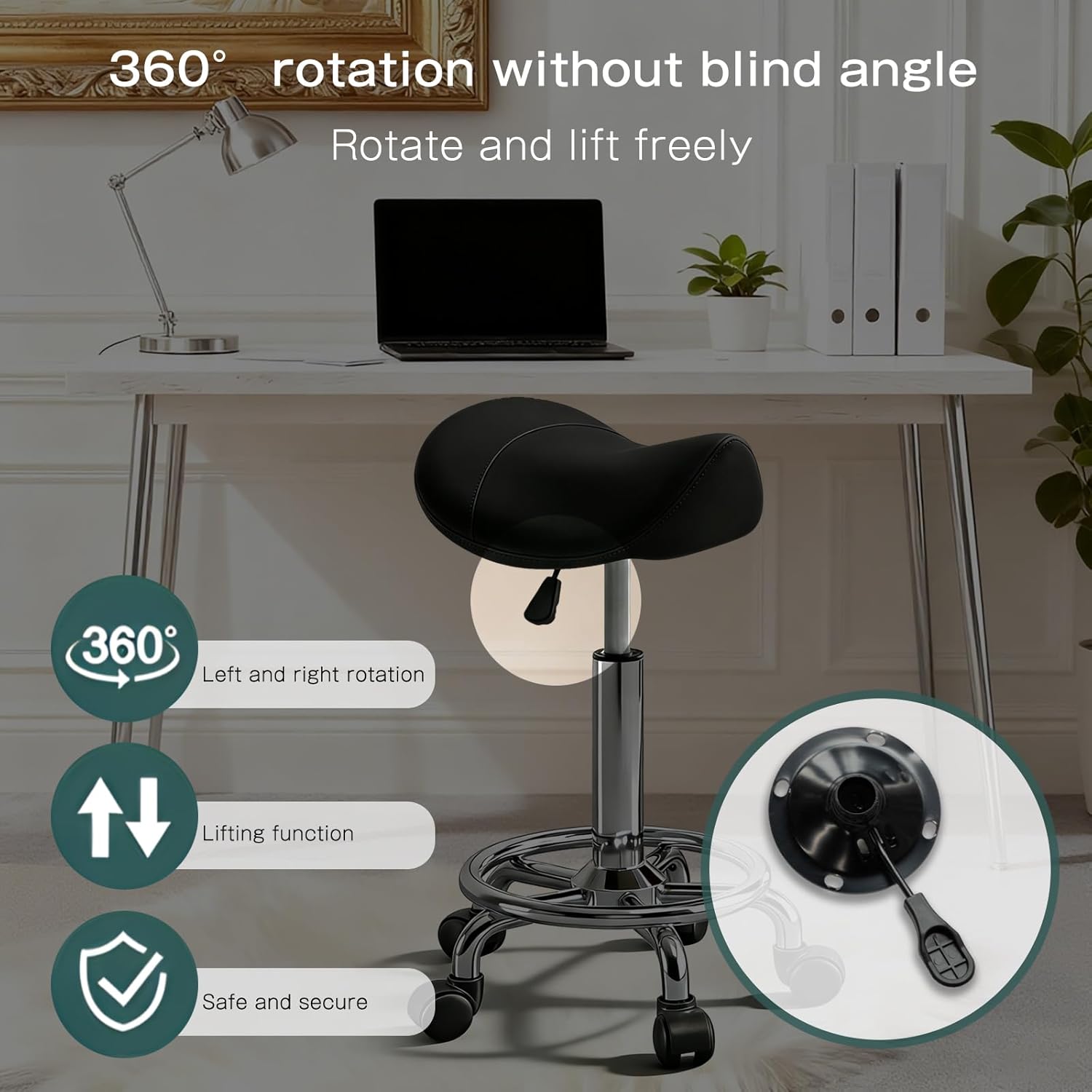 Saddle Stool with Wheels, Adjustable Rolling Stool Chair with Back Support, Ergonomic PU Leather Saddle Chair for Salon, Massage, Tattoo, Medical, Spa, Office (Black, 1PCS)
