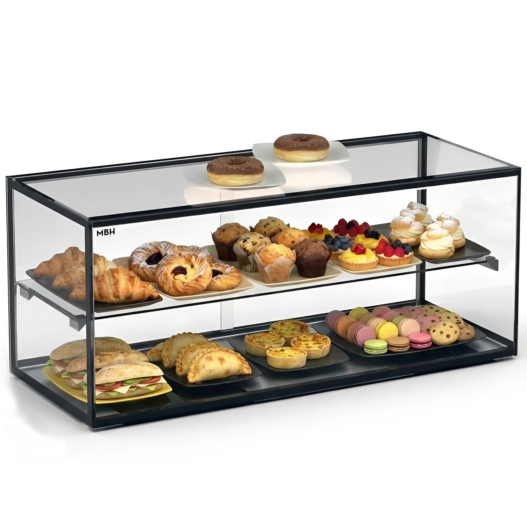 MBH - Vitrina Expositora Neutra de Sobremostrador 92x39 cm, Cristal Recto Templado, 2 Pisos, sin Iluminación LED, Puertas Traseras Correderas, para Bar, Cafetería, Restaurante, Bollería y Repostería.