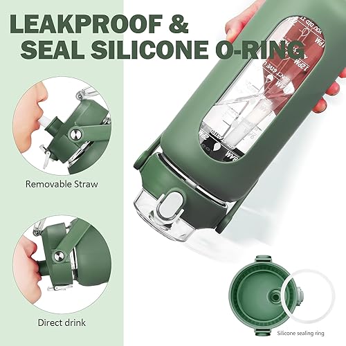 Miniatura 3 de kytffu Botellas de agua de vidrio de 56 onzas con pajilla, botella de vidrio motivacional con funda de silicona y marcador de tiempo, jarra de agua