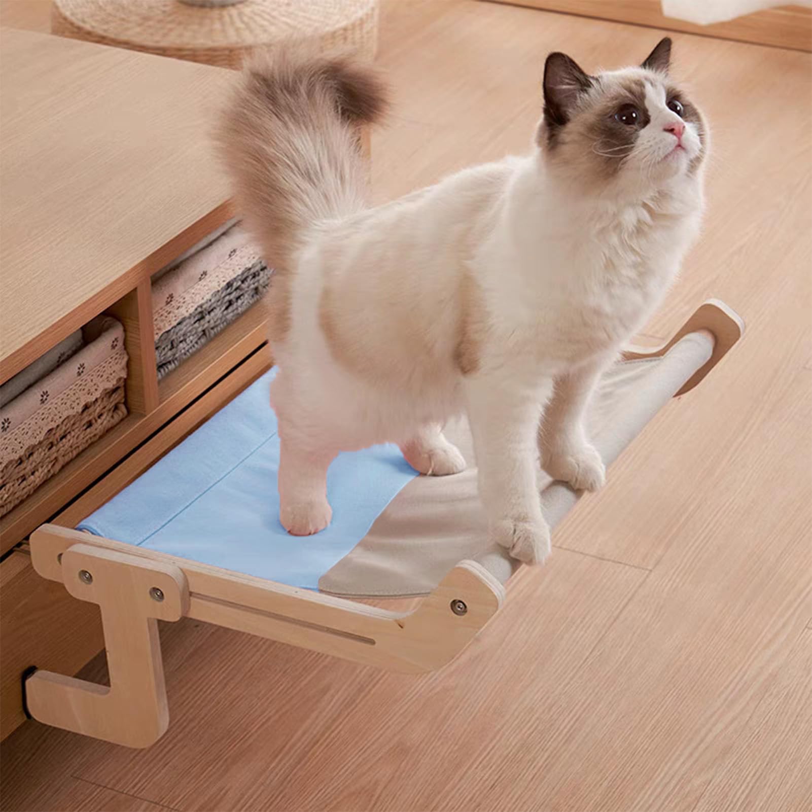 Hamaca Ajustable para Gatos en Ventana, Con Rama de Escalada y Cama Colgante, Gris y Azul (44,5 x 36 x 16 cm)