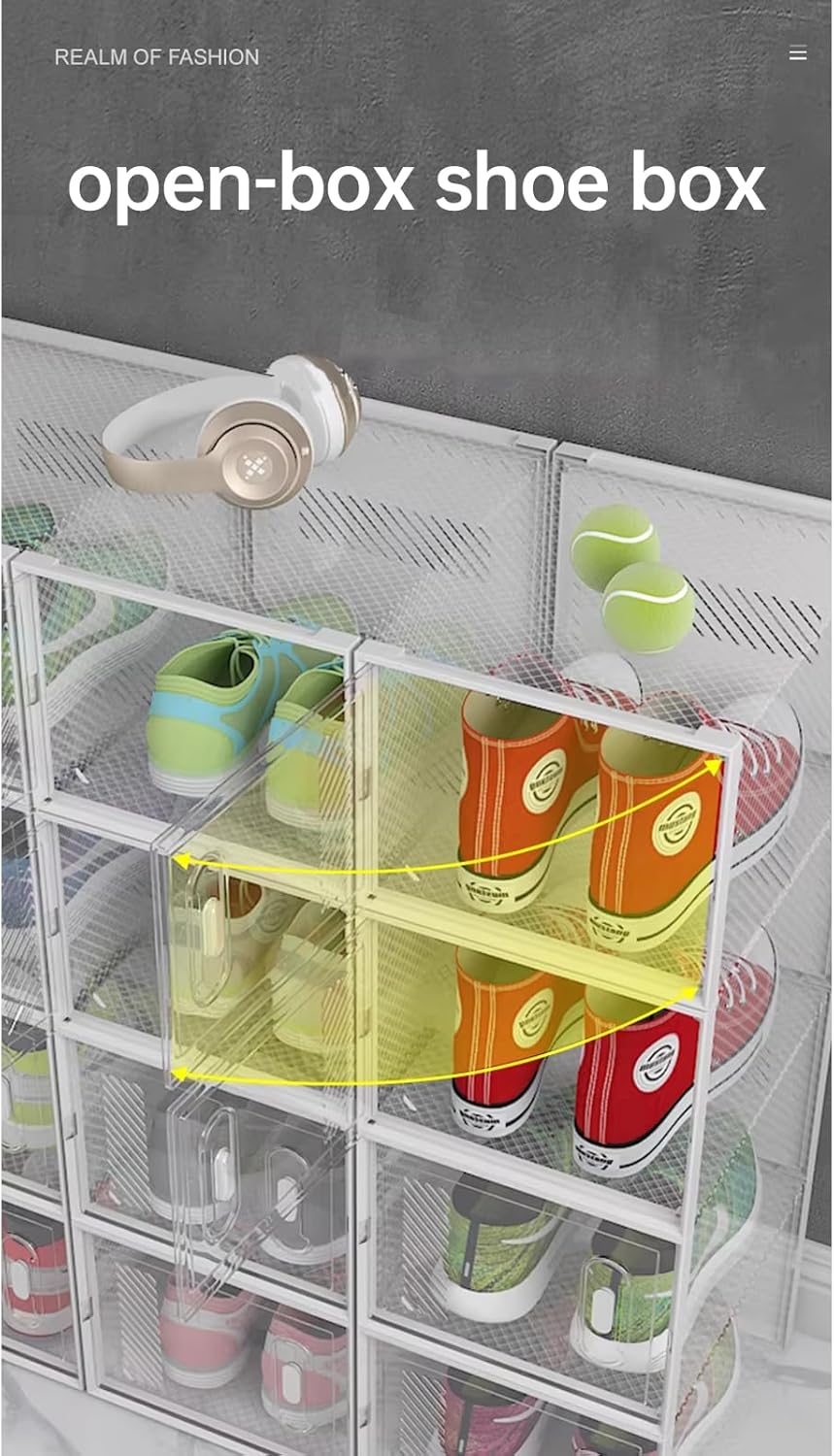 12-Pack Clear Plastic Stackable Shoe Storage Boxes for Sneakers, Boots, for Entryway, Living Room, Bedroom, Garage, Car Trunk, as Shoe Rack Substitute and Display Case for Small Space Organization