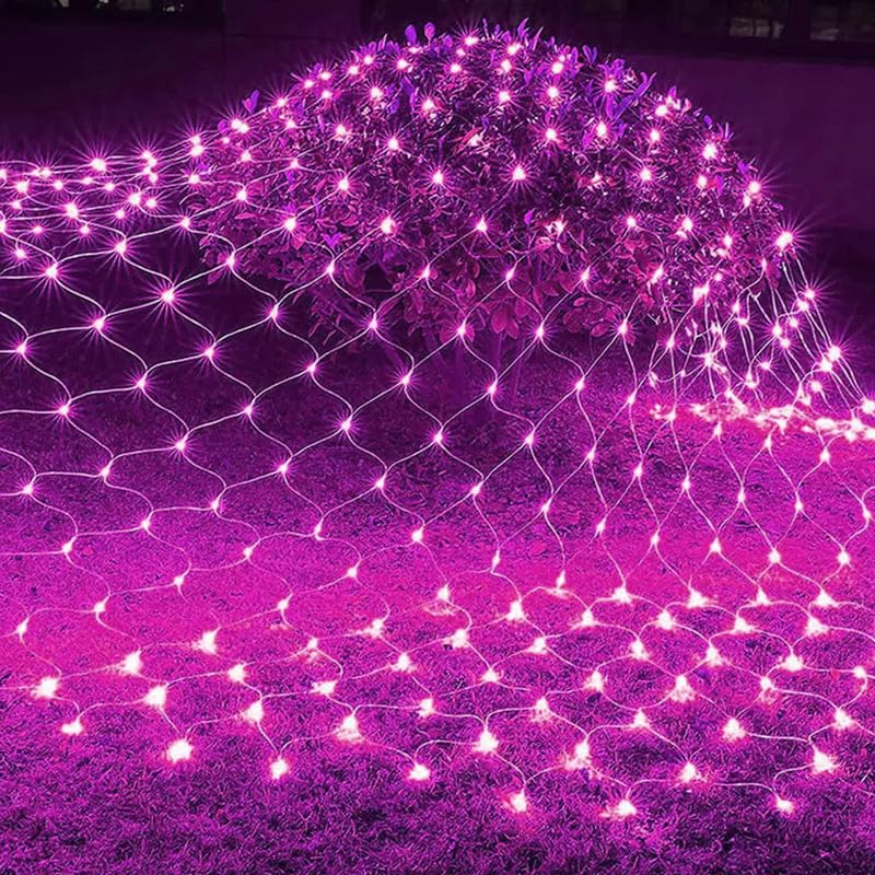 YOU GLOW GIRL Solar Outdoor Net Light,1.5m x 1.5m 100 LEDs Mesh Fairy Lights with 8 Modes,Auto On/Off Net Lights for Bushes Shrubs Lawn Decoration (Pink)
