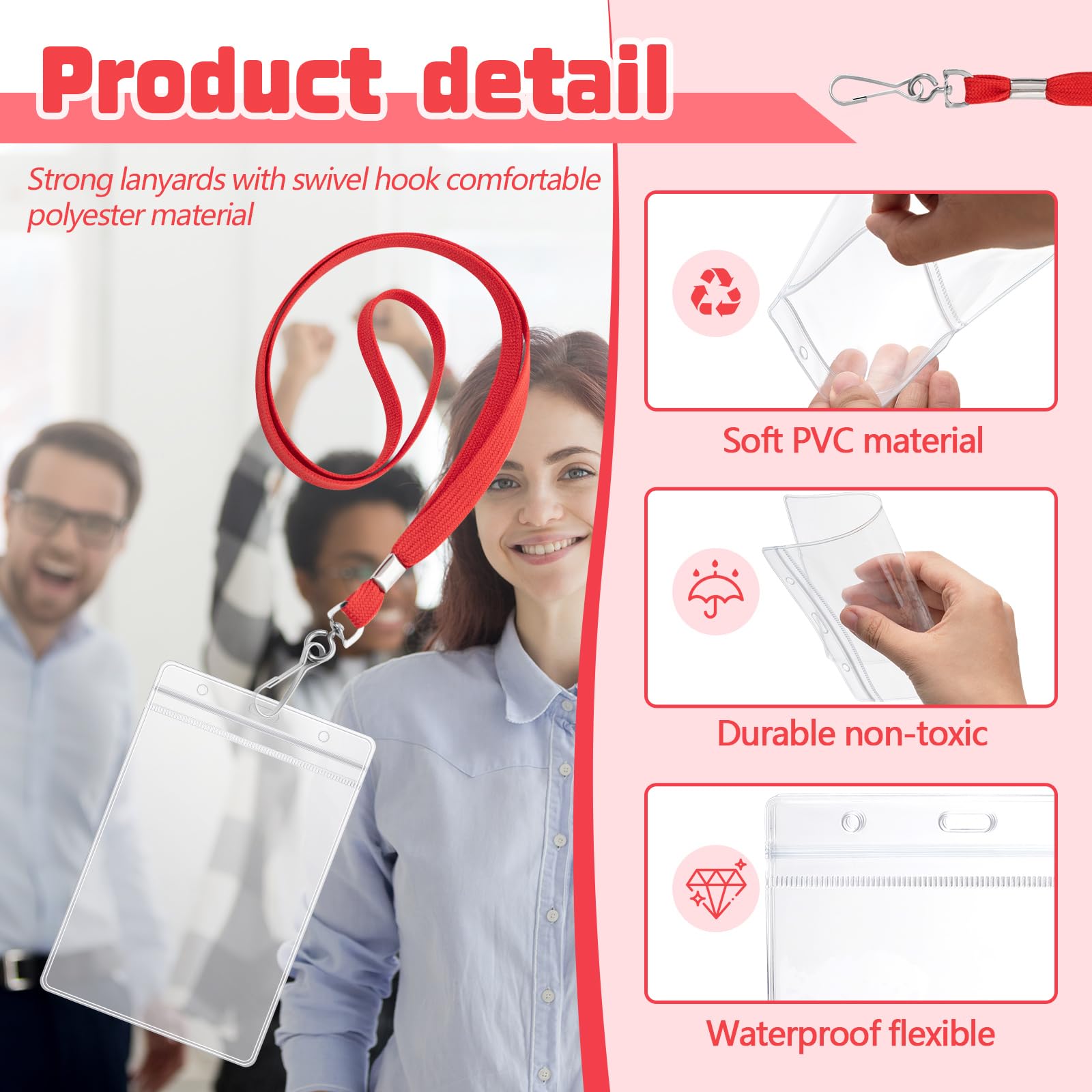 Chuangdi 100 Stück große transparente Ausweishalter mit Umhängeband, wasserdicht, vertikal, Ausweishalter, transparente Kunststoffanhänger, transparente PVC-Beutel für Büro (rotes Schlüsselband)