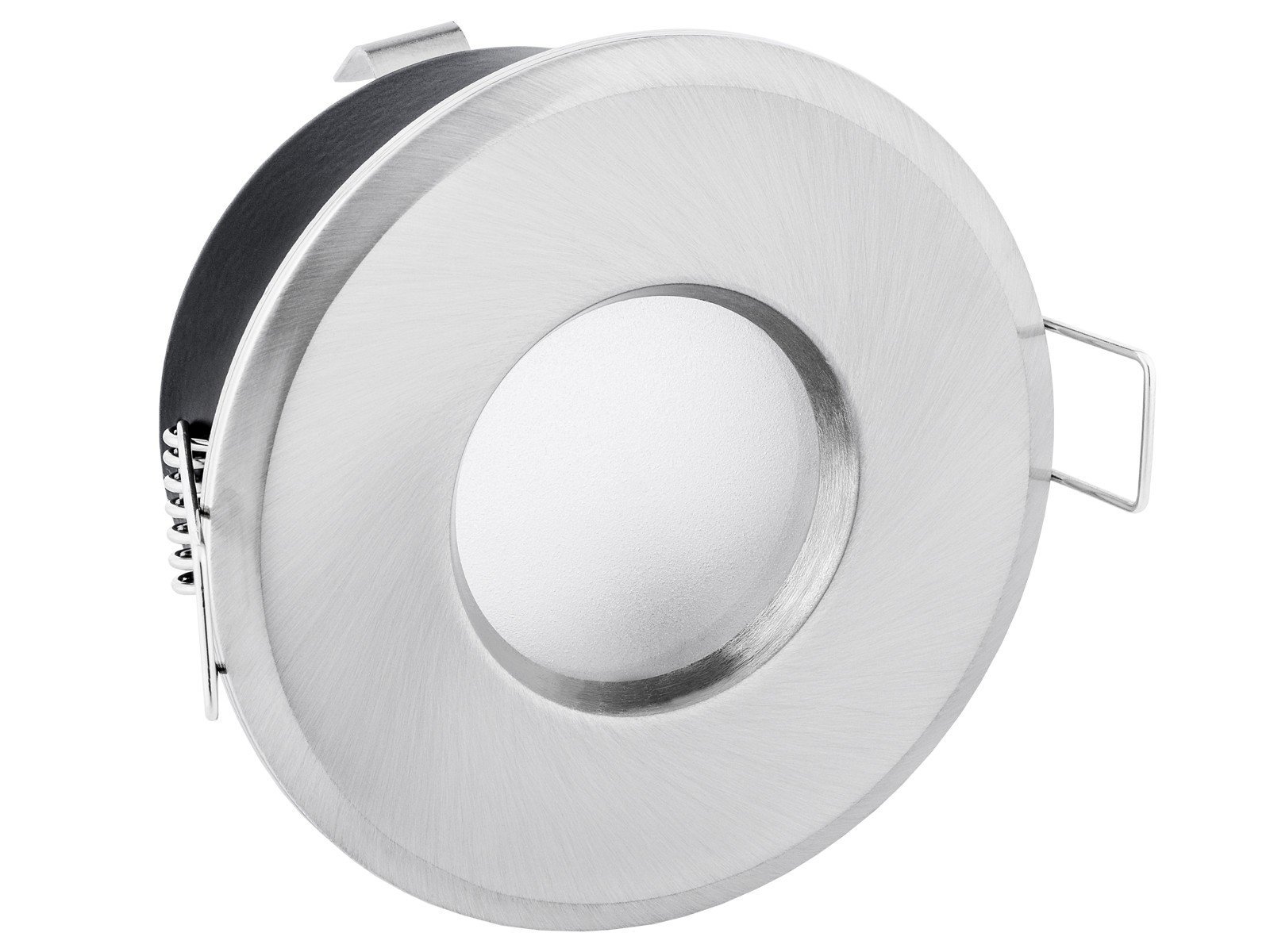 linovum Einbaurahmen 10er Set IP65 silber rund GU10 Bad Fassung | Zehn Deckenrahmen IP65 Alu gebürstet - mit Milchglas für Bad, Dusche & außen, für GU10, inkl. Fassung (ohne Leuchtmittel)