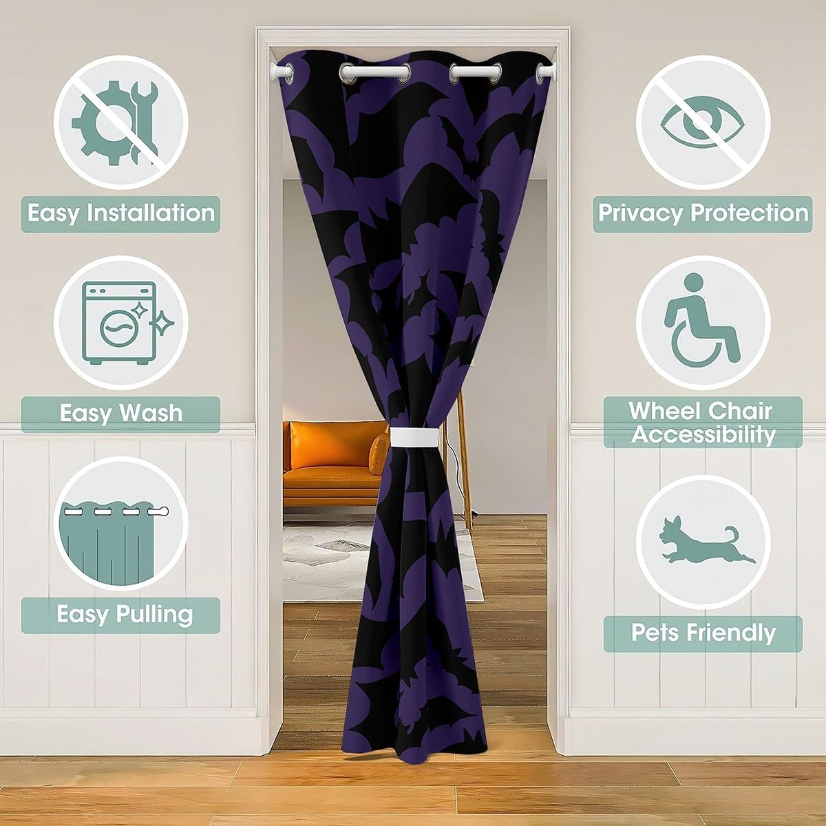 Bat Doorway Curtain Privacy,Halloween Mystic Animal Silhouette Blackout Curtain for Bedroom,Purple Black Psychedelic Door Cover Curtain Artisti Decor,80"×60" 1 Panel