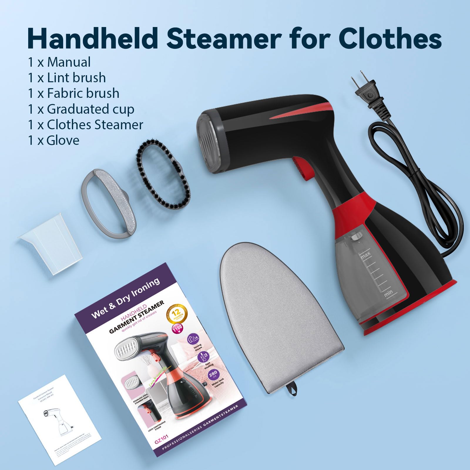 Steamer for Clothes 280ml Large Water Tank, Clothes Steamer with Ironing Glove, 15s Fast Heat-up, 1100W Handheld Garment Steamer, Fabric Clothing Wrinkles Remover