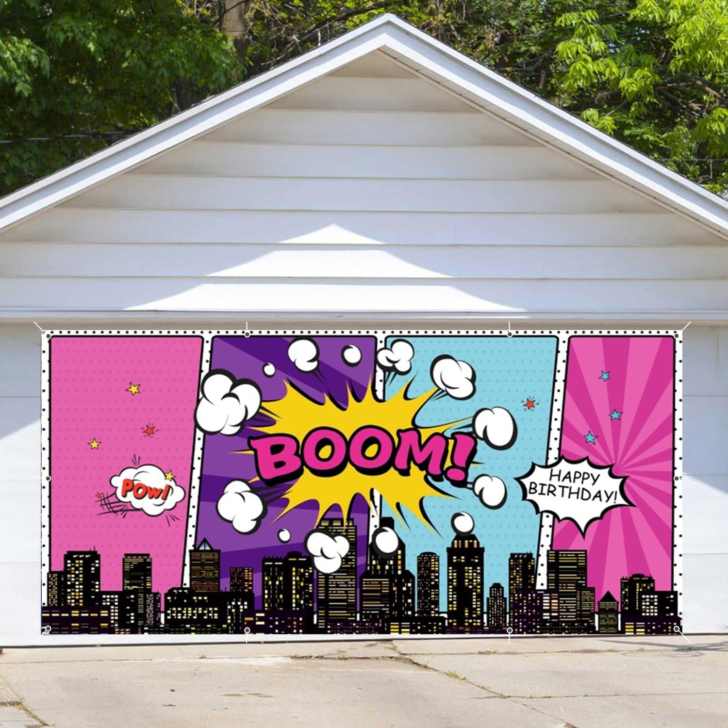Pink Cartoon Super City Garage Door Banner Decorations 7 x 16 ft Super City Birthday Urban Cityscape Boom City Garage Door Cover Backdrop Birthday Party Baby Shower Banner Garage Door Supplies
