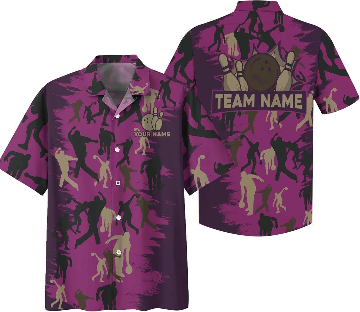 Custom Bowling Hawaii Print Button-Down Shirt with Dark Pink Bowling Theme Graphic On it for Camouflage Lover Bowler