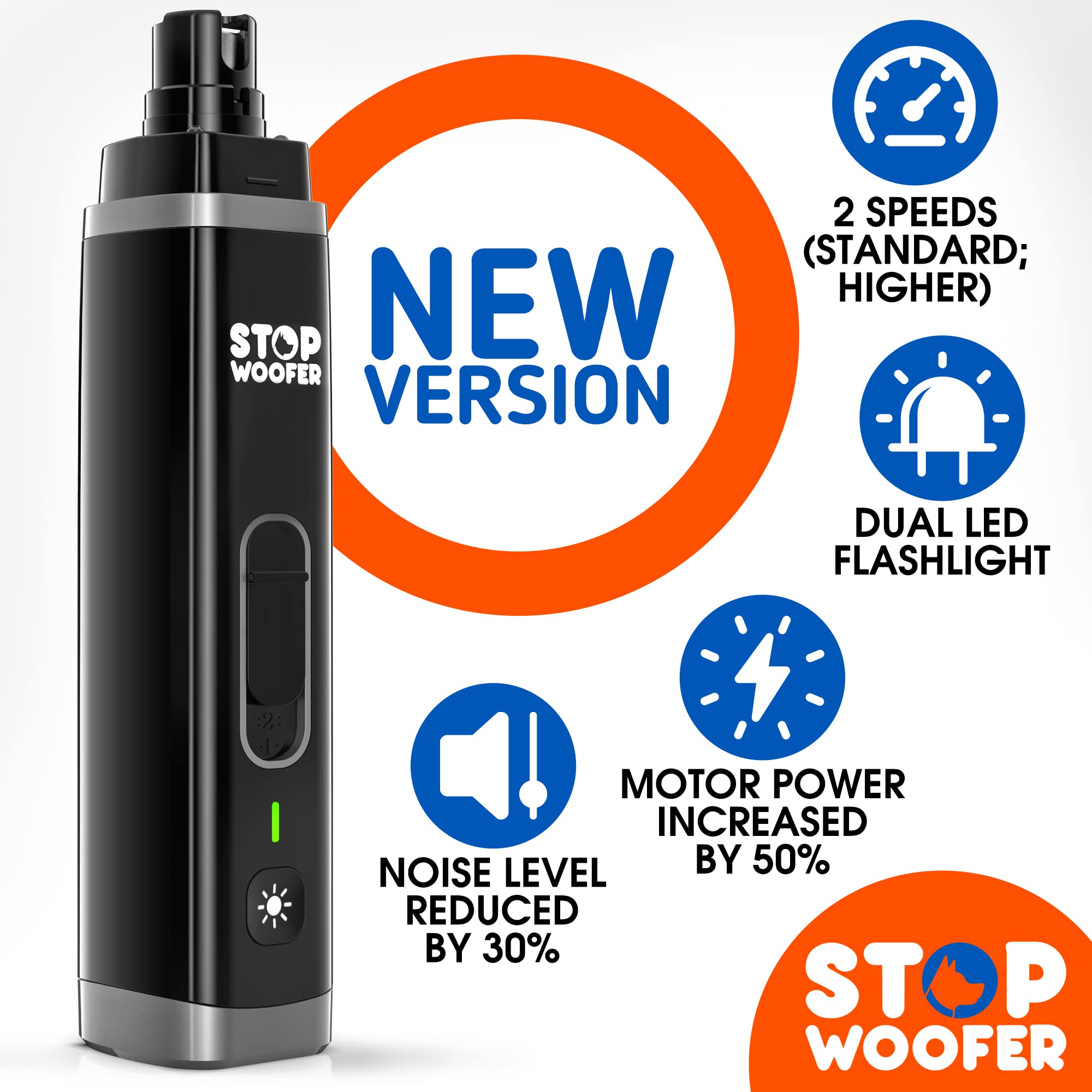 STOPWOOFER Dog Nail Grinder with 2 LED Light for Small Medium Large Dogs - New Version 2-Speed Powerful Electric Pet Nail Trimmer Quiet Painless Paws Grooming - Rechargeable Pet Nail Grinder for Dogs - image 2