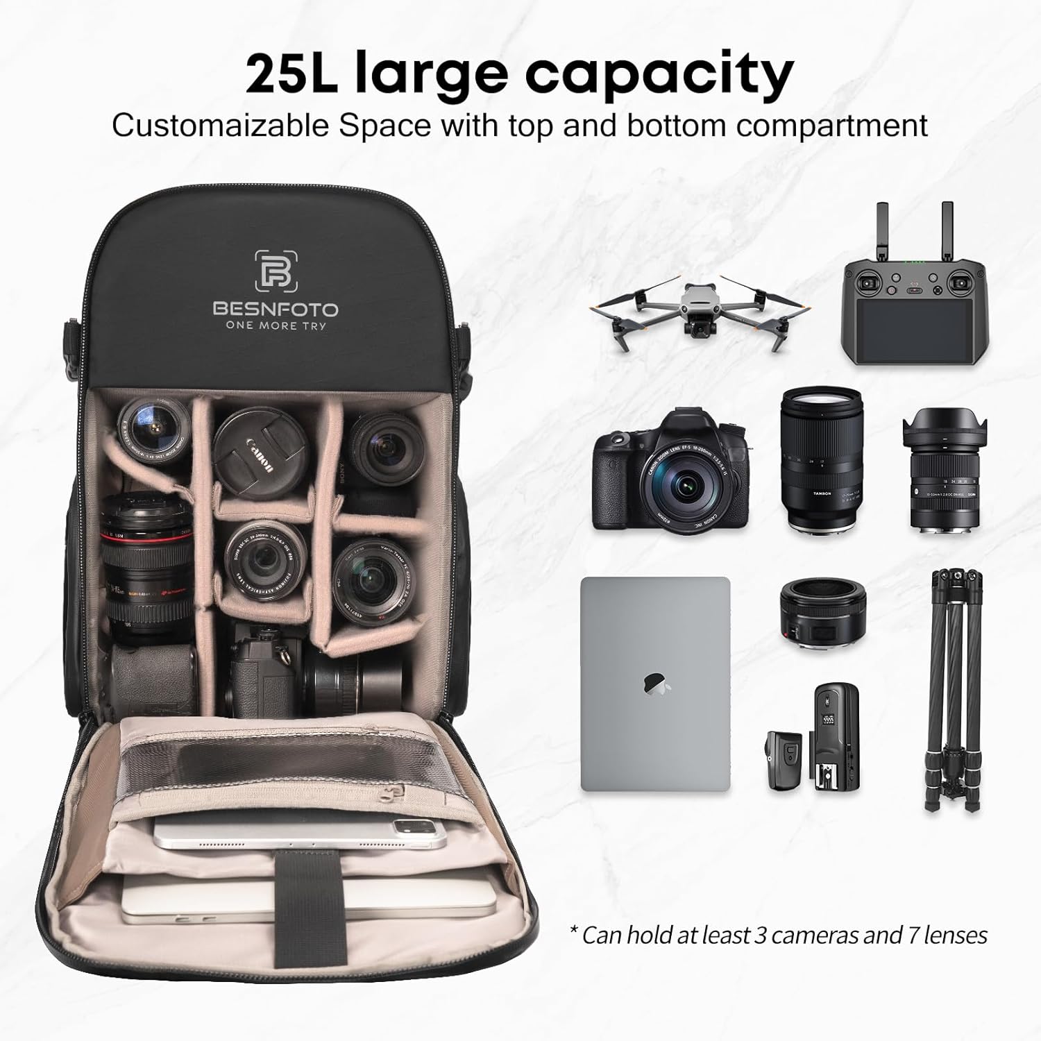 Besnfoto Camera Backpack Waterproof Bag Professional Travel Photography Bag Large for DSLR SLR Mirrorless Camera with Tripod Holder and Laptop Compartment Compatible with Canon/Nikon/Sony
