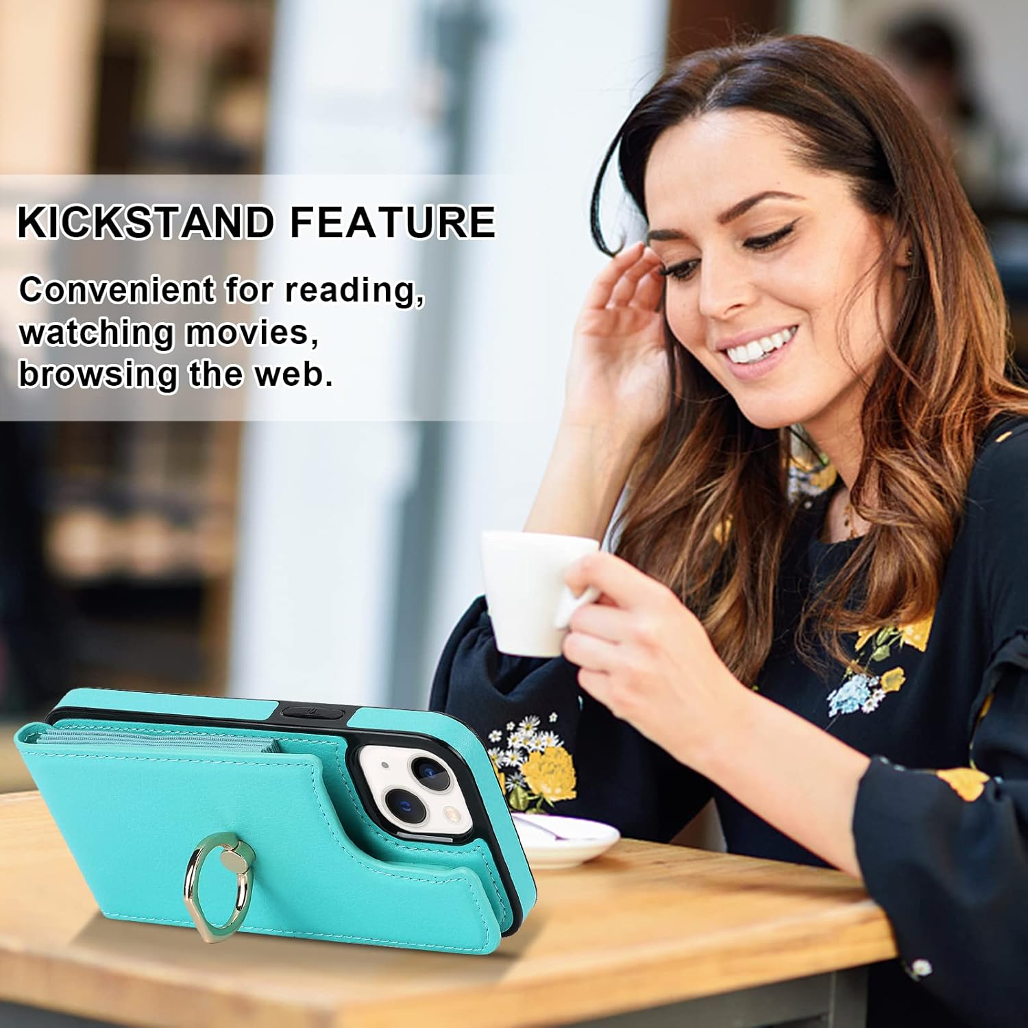 Folosu for iPhone 13 Mini Case Wallet with Card Holder, 360°Rotation Finger Ring Holder Kickstand Protective RFID Blocking PU Leather Double Buttons Flip Shockproof Cover 5.4 Inch Mint Green