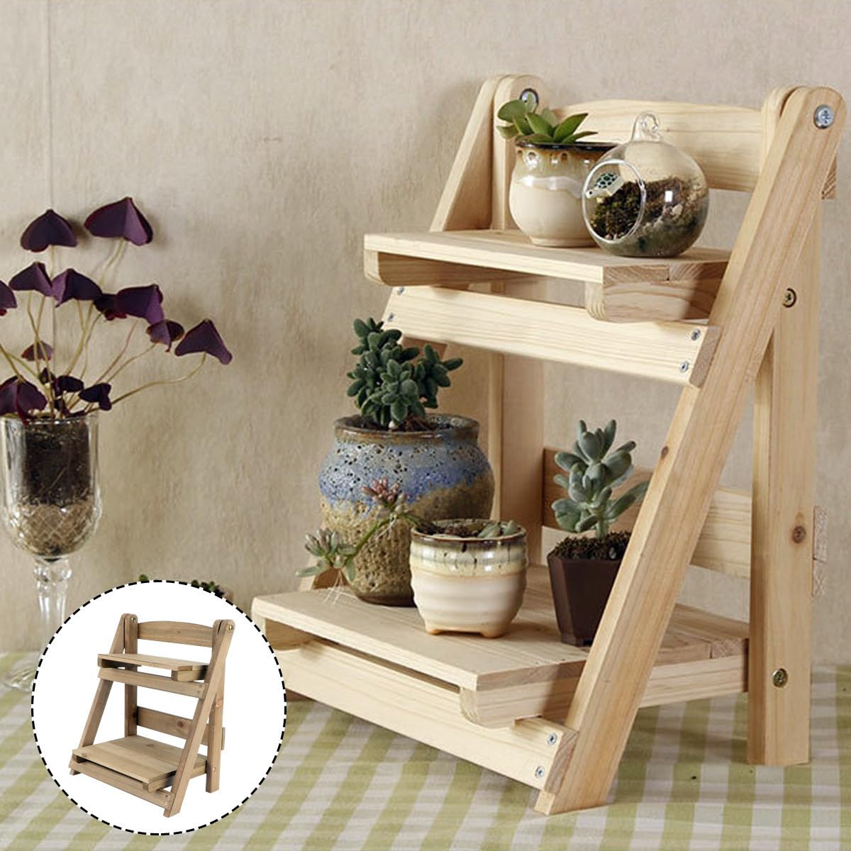 INOOMP Retro Holz Pflanzenständer mit Zwei Ebenen Faltbar und Mehrschichtig Einfacher Blumentopfhalter für Balkon und Zuhause Stabil und Platzsparend