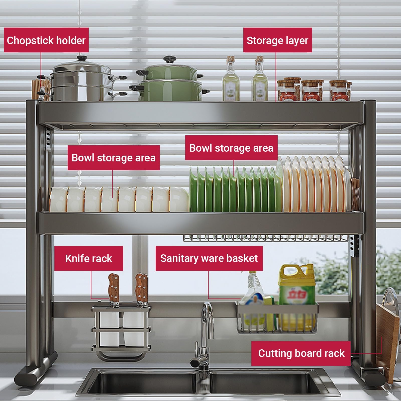 Escurridor de platos para colgar sobre el fregadero, escurridor de platos de doble nivel, organizador de encimera de cocina para platos, vasos, cuencos y cubiertos, ahorra espacio