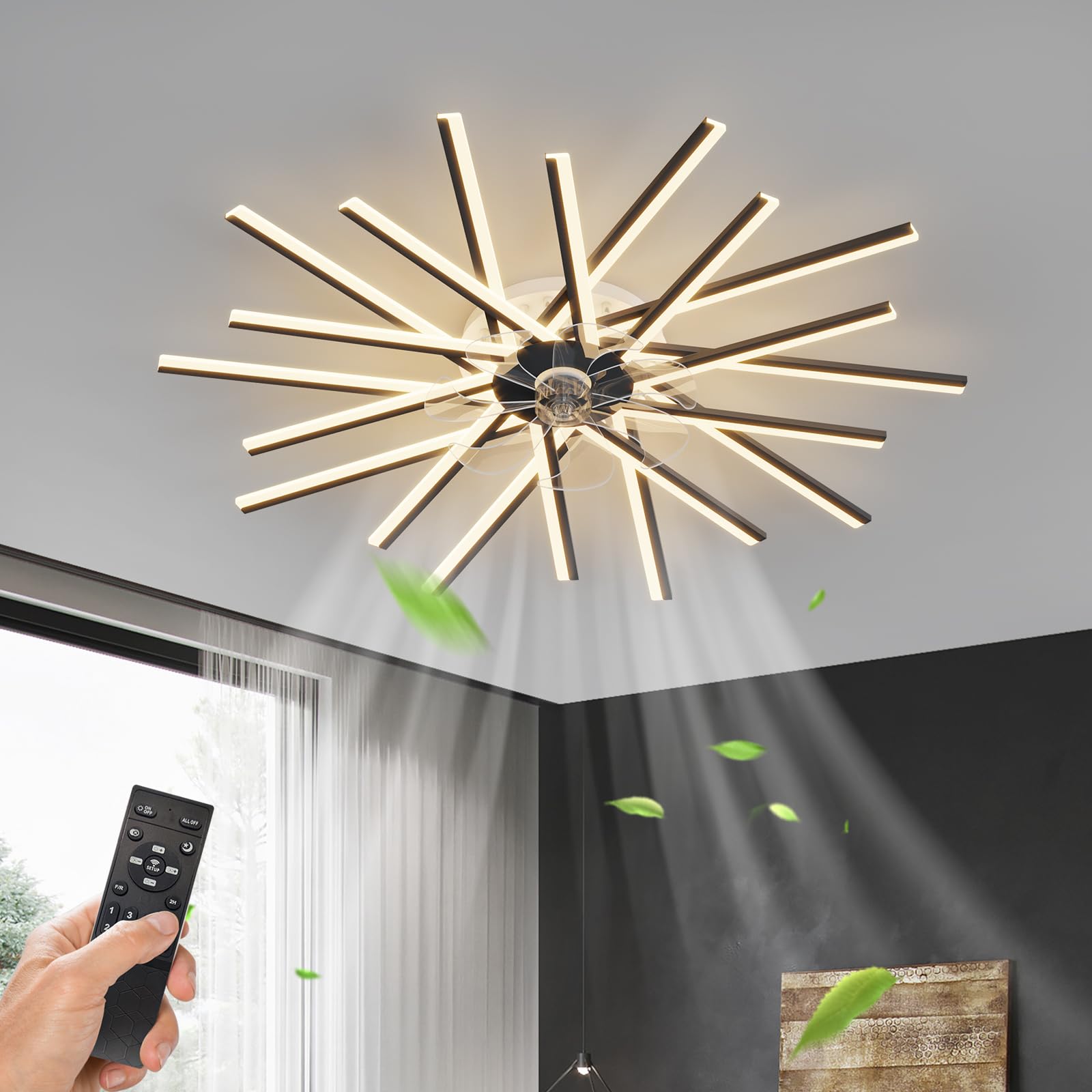 REYDELUZ 44.8'' Ceiling Fan with Lamp, Led Ceiling Fan Strip Bedroom Ceiling Lamp Remote Control 3 Colors Switching Dimming Intelligent 6 Wind Speed Living Room Fan Ceiling Lamp
