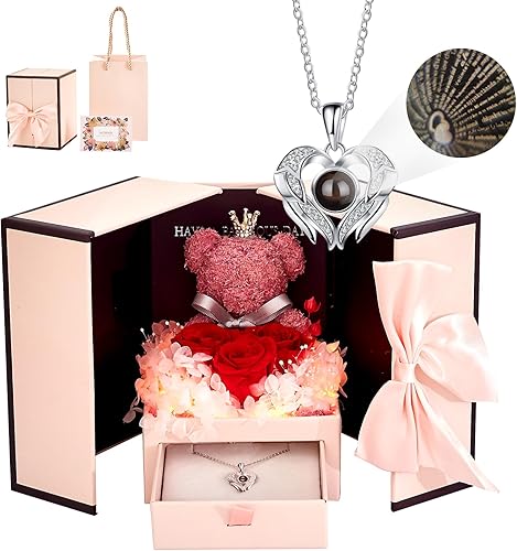 Regalos de oso musgo de rosa roja preservada con luz LED, incluyendo plata de ley 925, collar con texto en inglés "I Love You" para mamá, esposa,