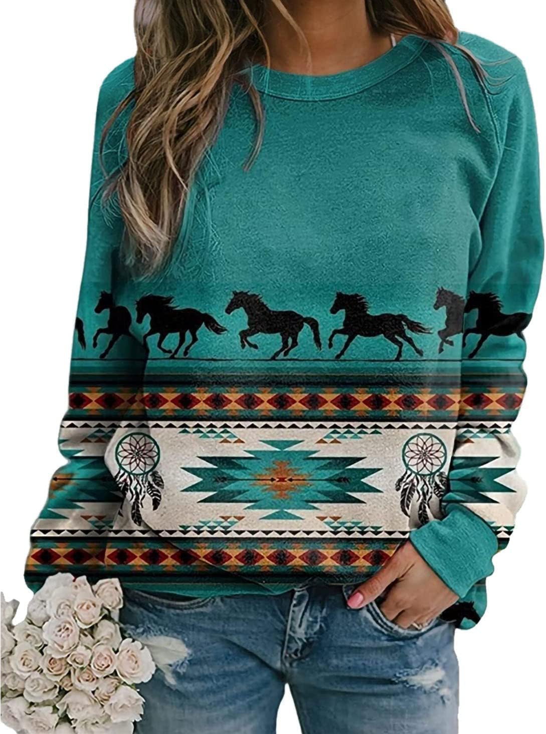 Aztec Sweatshirt Women Long Sleeve Crewneck Retro Western Shirts Geometric Ethnic Sweatshirt Casual Tops Sweater