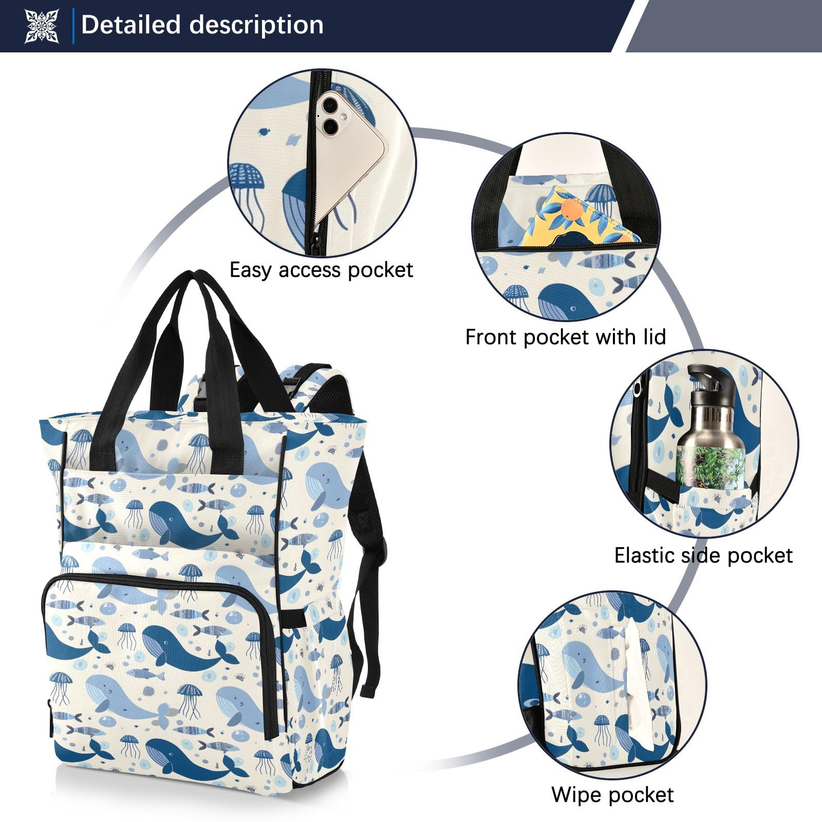 Mnsruu Modello astratto marittimo senza cuciture con balene e meduse borsa per pannolini per bambini zaino grande borsa impermeabile borse per pannolini da viaggio per mamme e papà