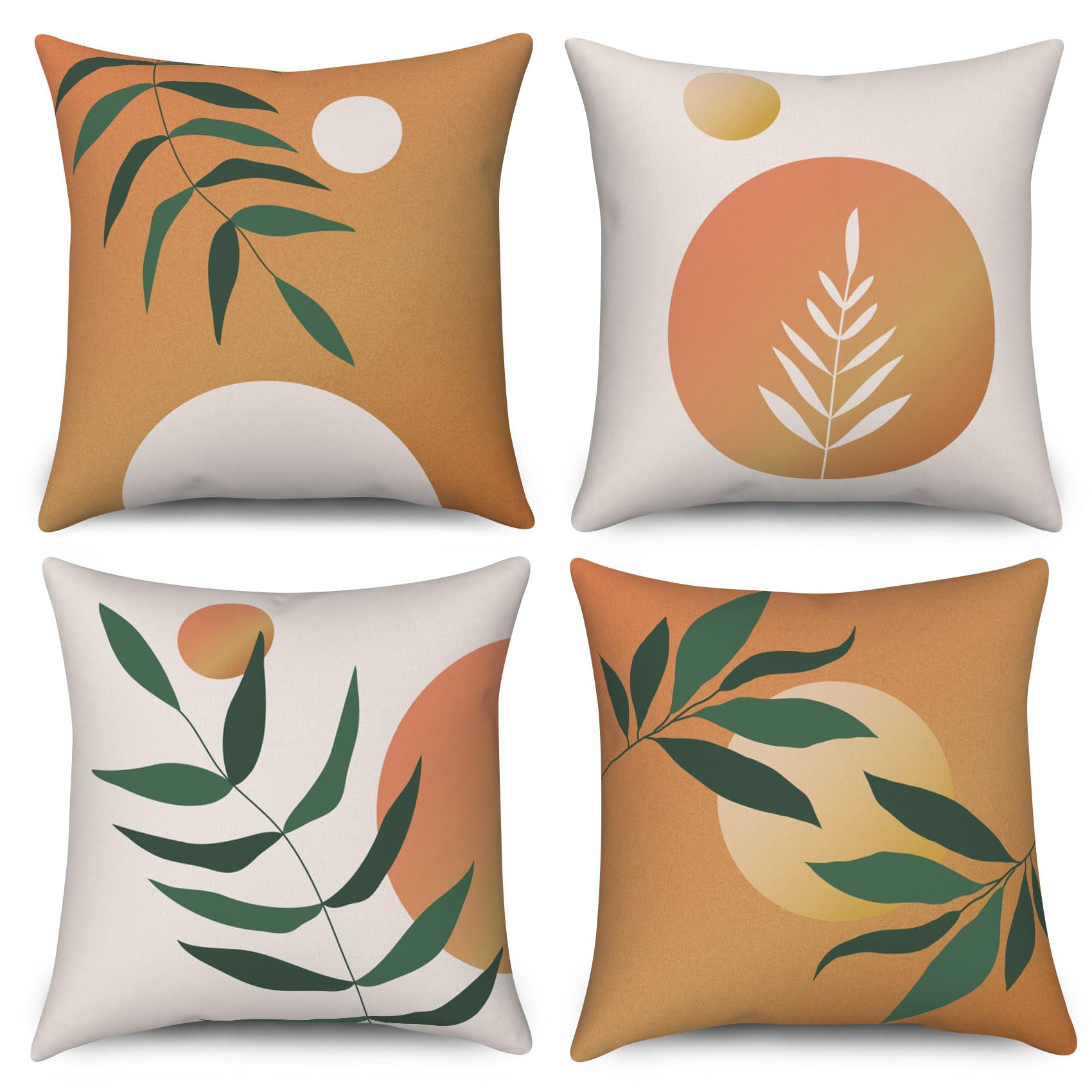 ASDCXZ Boho Cushion Cover 45x45 cm 4er Set, Modern Abstract Green Leaves Sun Orange Sofa Decorative Cushion Covers Cushion Cover Washable Polyester Flax Textile Upholstery Pillow Cover Cushion Cover