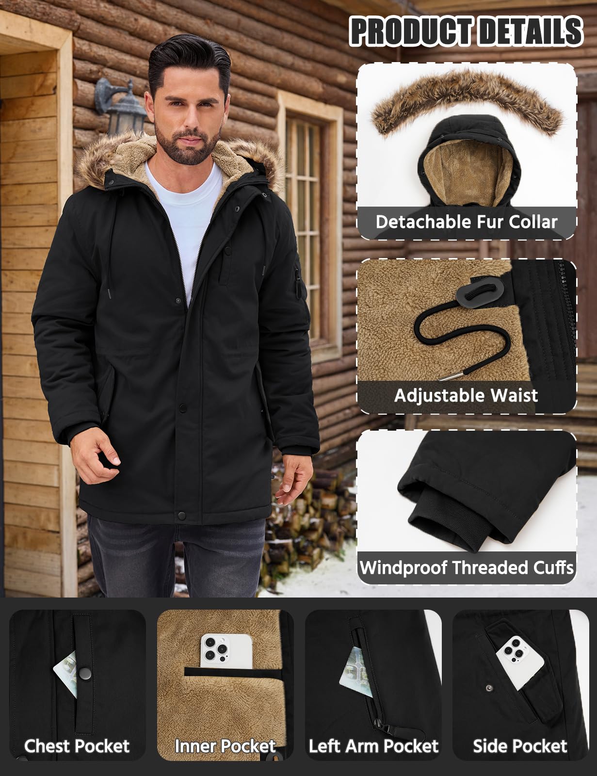 Xnova Abrigo Largo Hombre Invierno Chaqueta Parka con Forro Polar Cálido Cazadora de Algodón con Capucha y Cremallera Chaquetones Termicas con Cuello de Piel Desmontable