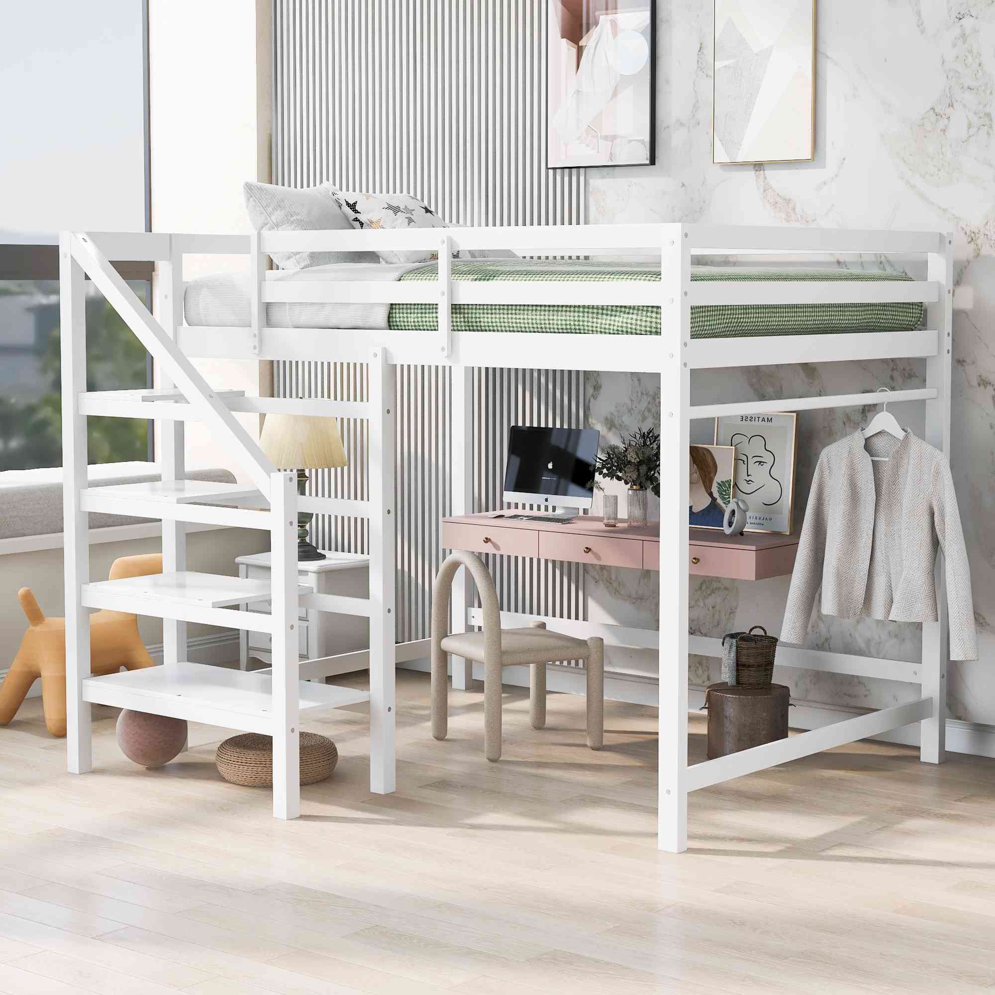CotoalaStairway Full Size High Loft Bed with Storage Staircase & Clothes Hanger for Kids/Adult Bedroom,Solid Wood Home Furniture Bedframe w/Safety Guardrails,Space Saving Design, White