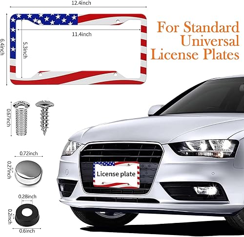 Miniatura 5 de Marco de matrícula con bandera estadounidense, paquete de 2 marcos universales de aluminio para matrícula de automóvil patriótico con tornillos y