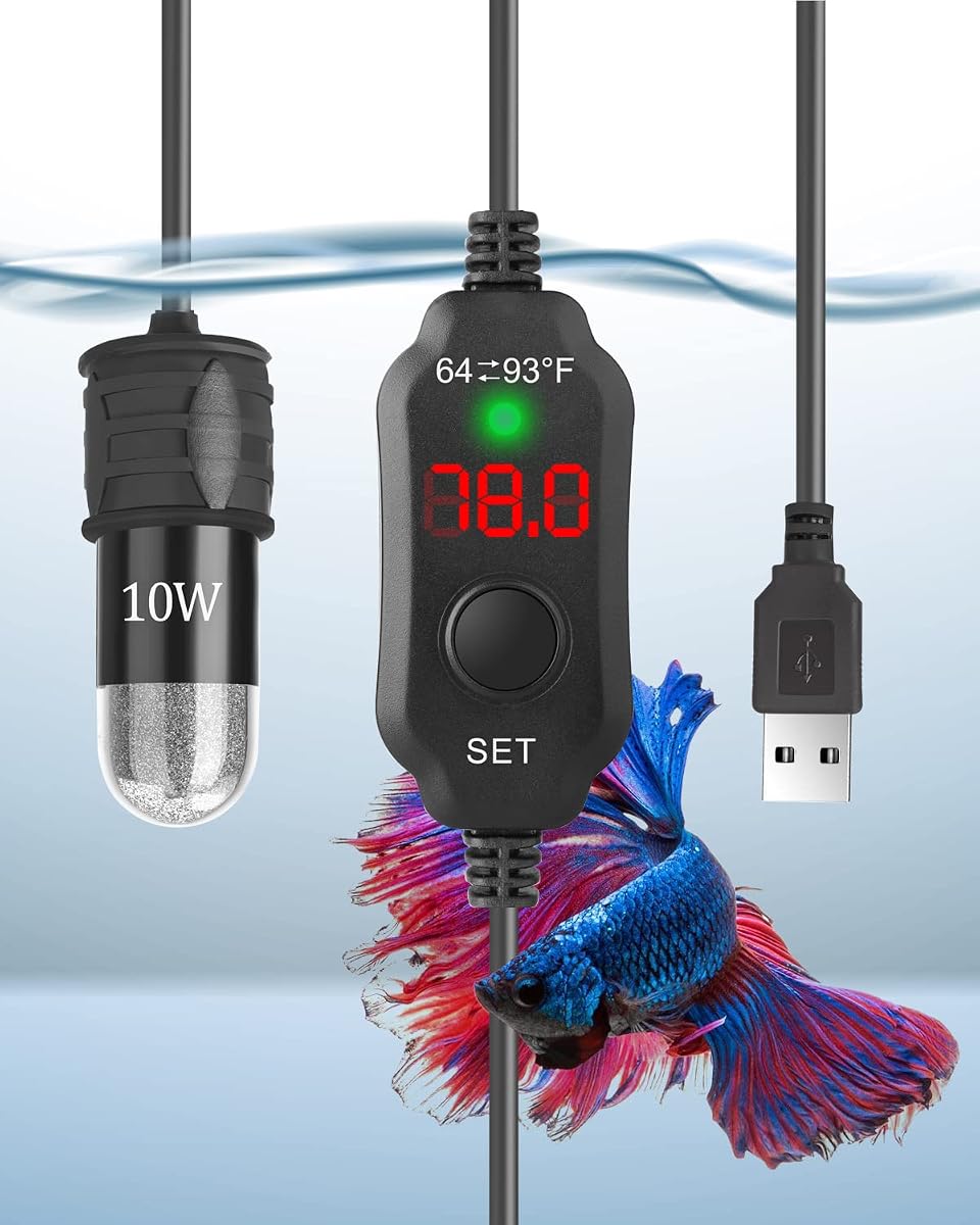Mini Aquarium Heater 5V/2A USB 10W Small Fish Tank Heater for Tanks up to 1 Gal, Digital Display Thermostat Betta Heater with Dry-Run & Overheat Protection, Memory Function