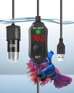 AquaMiracle Mini Aquarium Heater 5V/2A USB 10W Small Fish Tank Heater for Tanks up to 1 Gal, Digital Display Thermostat Betta