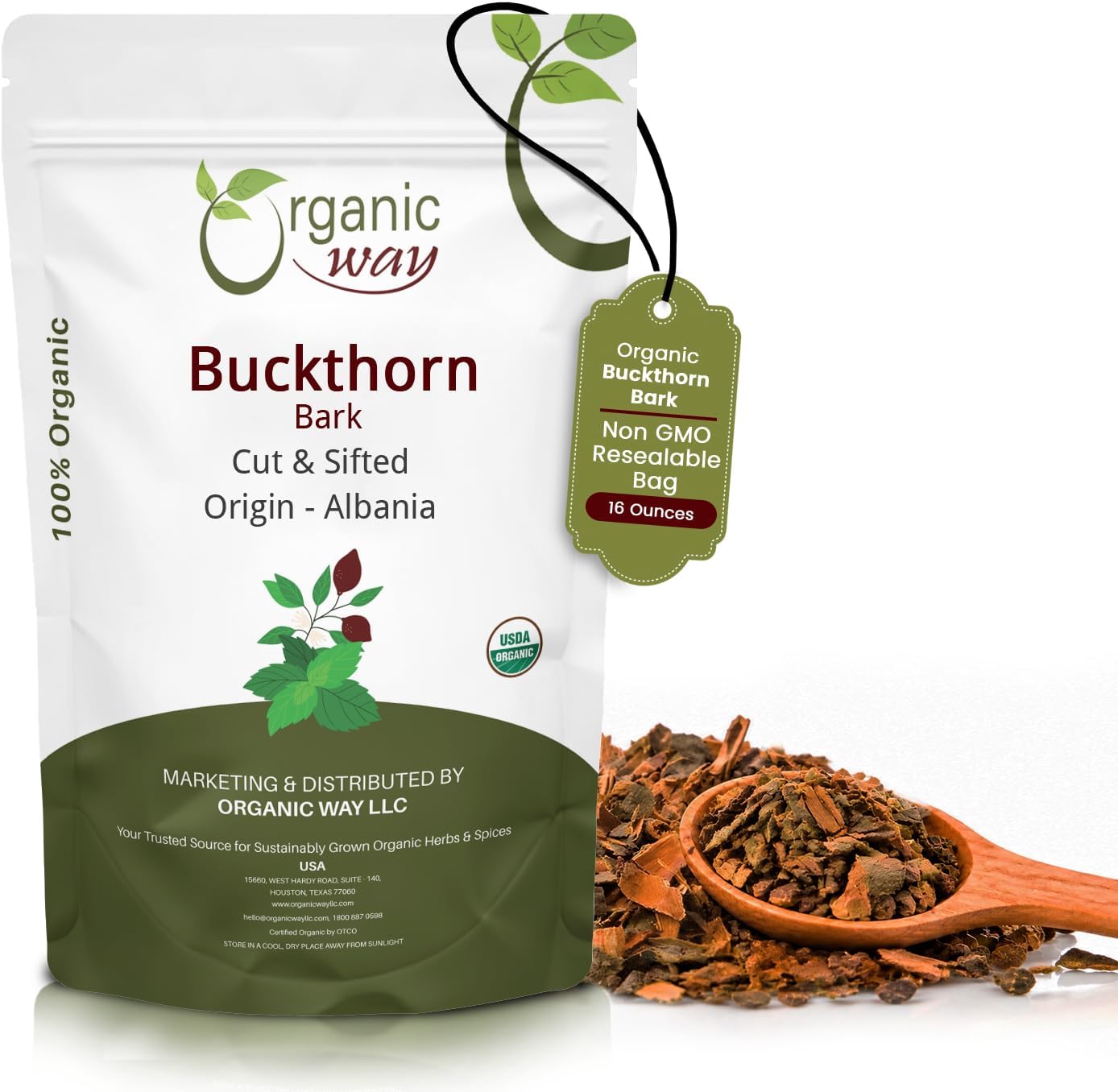Organic Way Dried Buckthorn Bark (Frangula Alnus) Cut & Sifted - Organic & Kosher Certified | Raw, Vegan, Non GMO & Gluten Free | USDA Certified | Origin - Albania (1LBS / 16Oz)