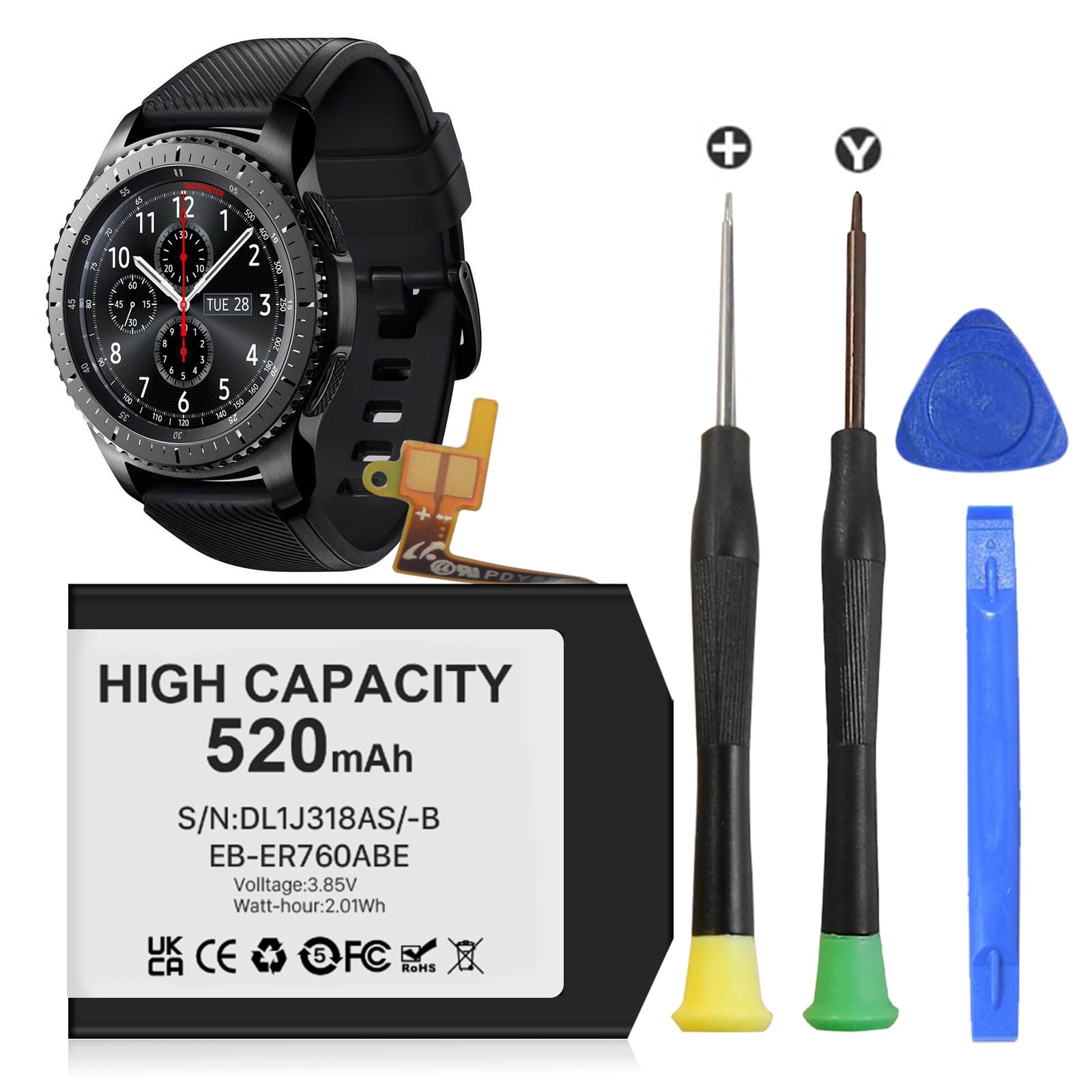 [520mAh] Batterie pour Samsung Gear S3 Classic, Gear S3 Frontier, SM-R760 SM-R765 SM-R770 EB-BR760ABE, Haute Capacité Remplacement Batterie avec Outils de réparation