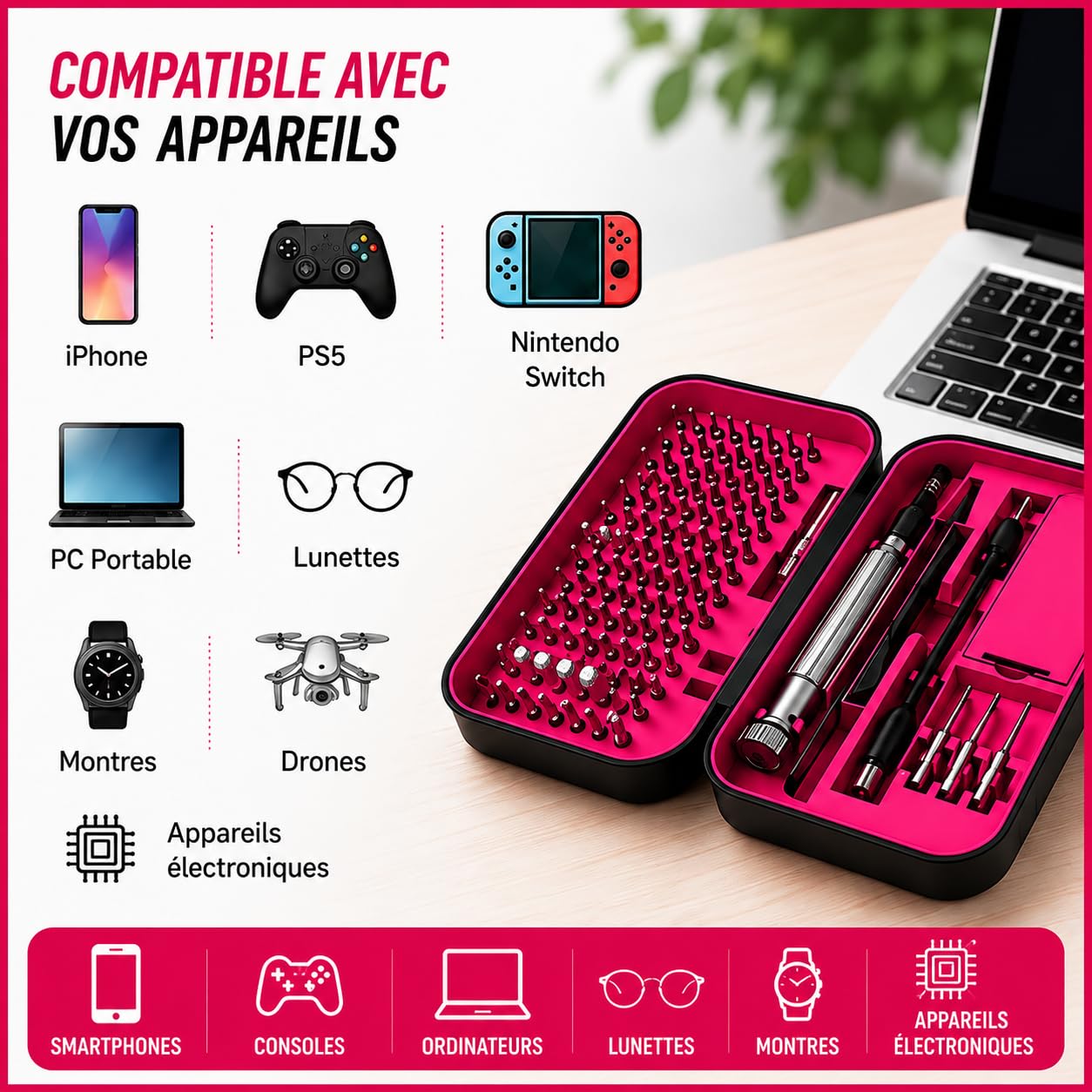 OPLAX Kit Tournevis de Précision 150 en 1 Rose | Kit Réparation Électronique, Magnétique, Embouts Professionnels