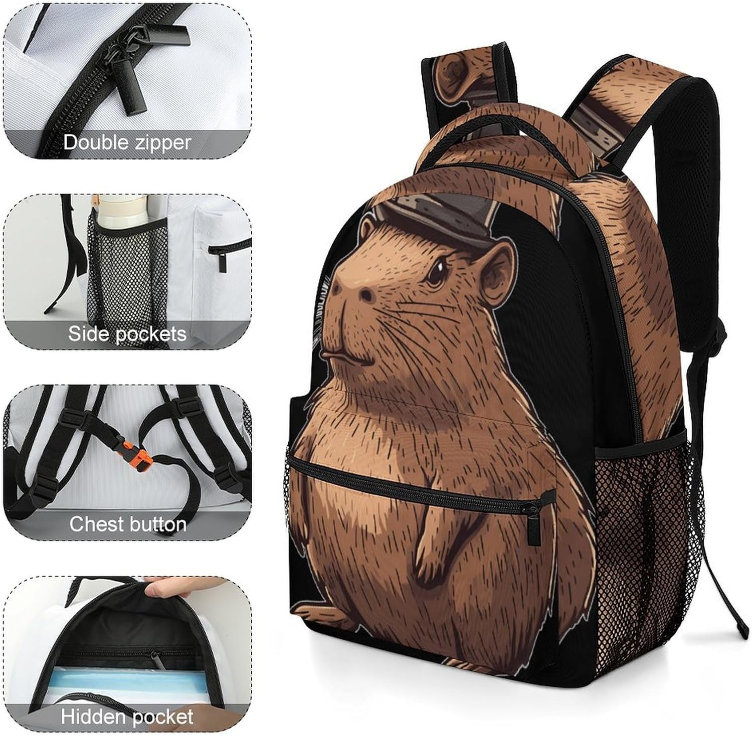 Capybara with Top Hat Unisex Backpack Casual Daypacks Lightweight Shoulders Bag for Camping Hiking Travel