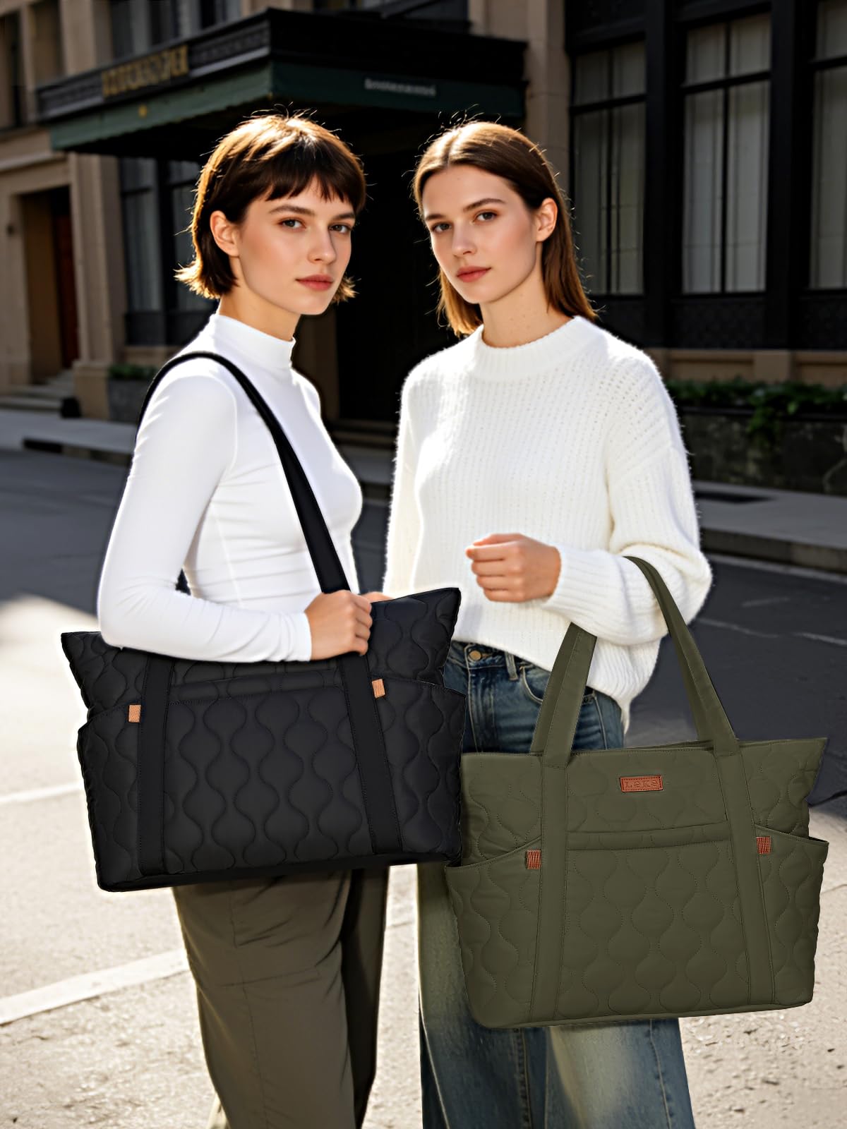 Bolso Tote Mujer Grande, Bolso Shopper Acolchado Ligero con Compartimento para Portátil de 15,6", Bolsa de Hombro con 8 Bolsillos para Trabajo, Universidad y Viaje