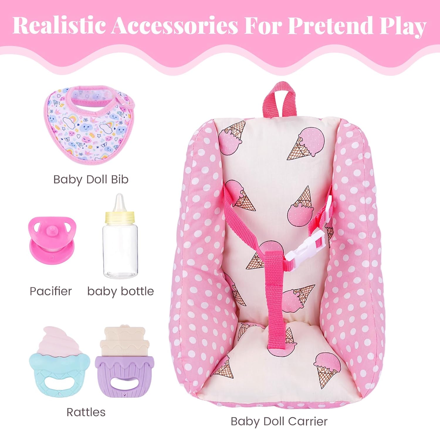 BABESIDE Baby Doll Carrier Set – Realistic Baby Doll Accessories with Carrier, Bib, Rattle, Bottle & Feeding Toys for 10–12 Inch Dolls（Not Doll）