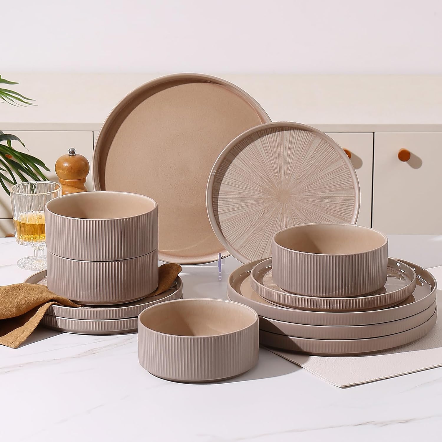 Dinnerware Sets for 4, Ceramic Plates and Bowls Set 12 Piece Dinnerware Chip Resistant Stoneware, Dishwasher and Microwave Safe-Brown