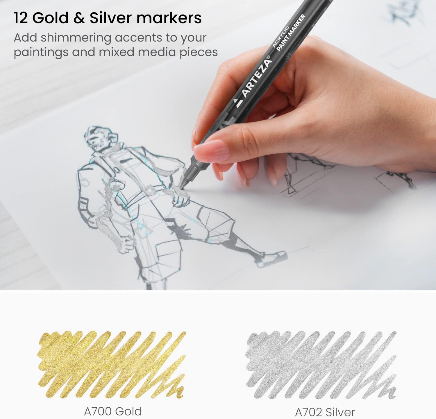 ARTEZA Metallic Acrylic Paint Markers, Set of 12 (6 Gold + 6 Silver), Extra-Fine 1.5mm Nibs, Water-Based Paint Pens for Stone, Glass, Wood, Ceramic & More image 3
