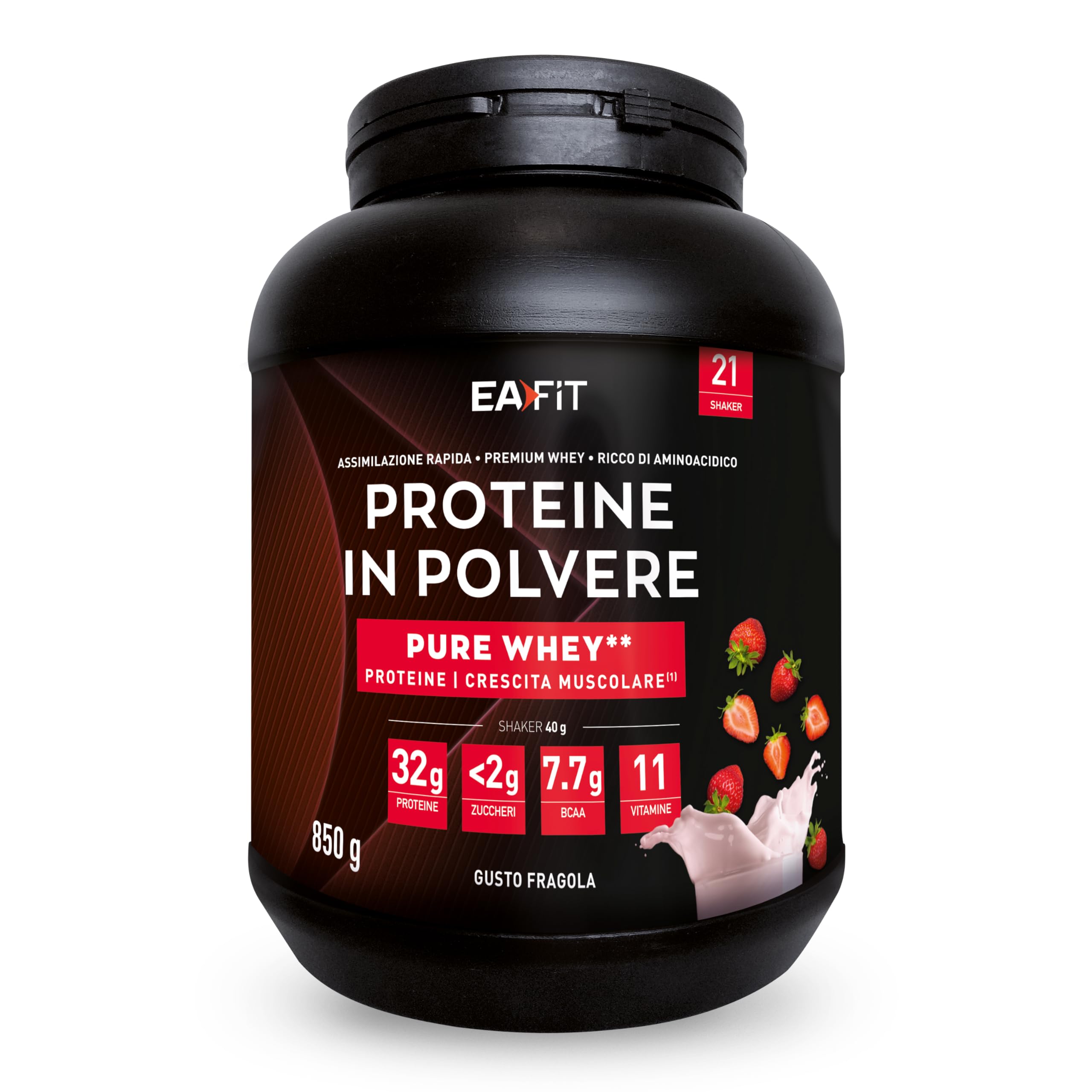 EAFIT Proteine in Polvere Whey – 850g Gusto Fragola – 32g per Shaker Proteine – Integratore ad Alto Contenuto Proteico – Siero di Latte per Massa Muscolare – Mass Gainer per Sportivi