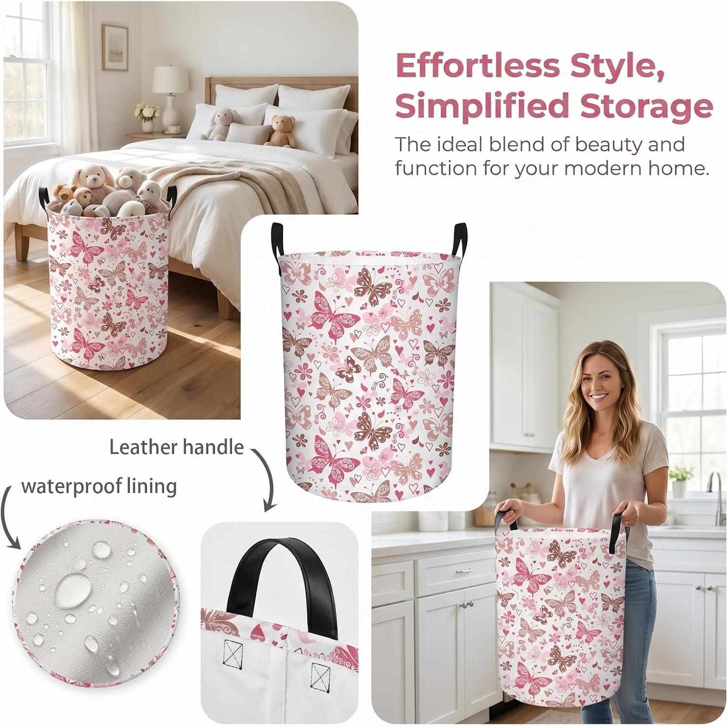 Butterfly Laundry Basket, Baby Hamper Pink & Khaki | Large Capacity, Portable, Durable, Girls Room Decor, For Bedroom & Nursery